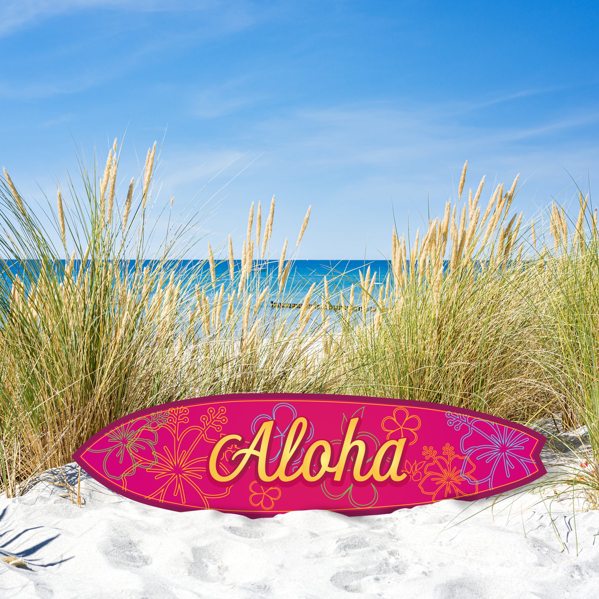 Outdoor Aloha Hawaiian Surfboard Wall Art, Hawaiian Decor Hibiscus Flowers, Weather Resistant PVC, Coastal Style Surfboard Sign, 3 - 5 Feet