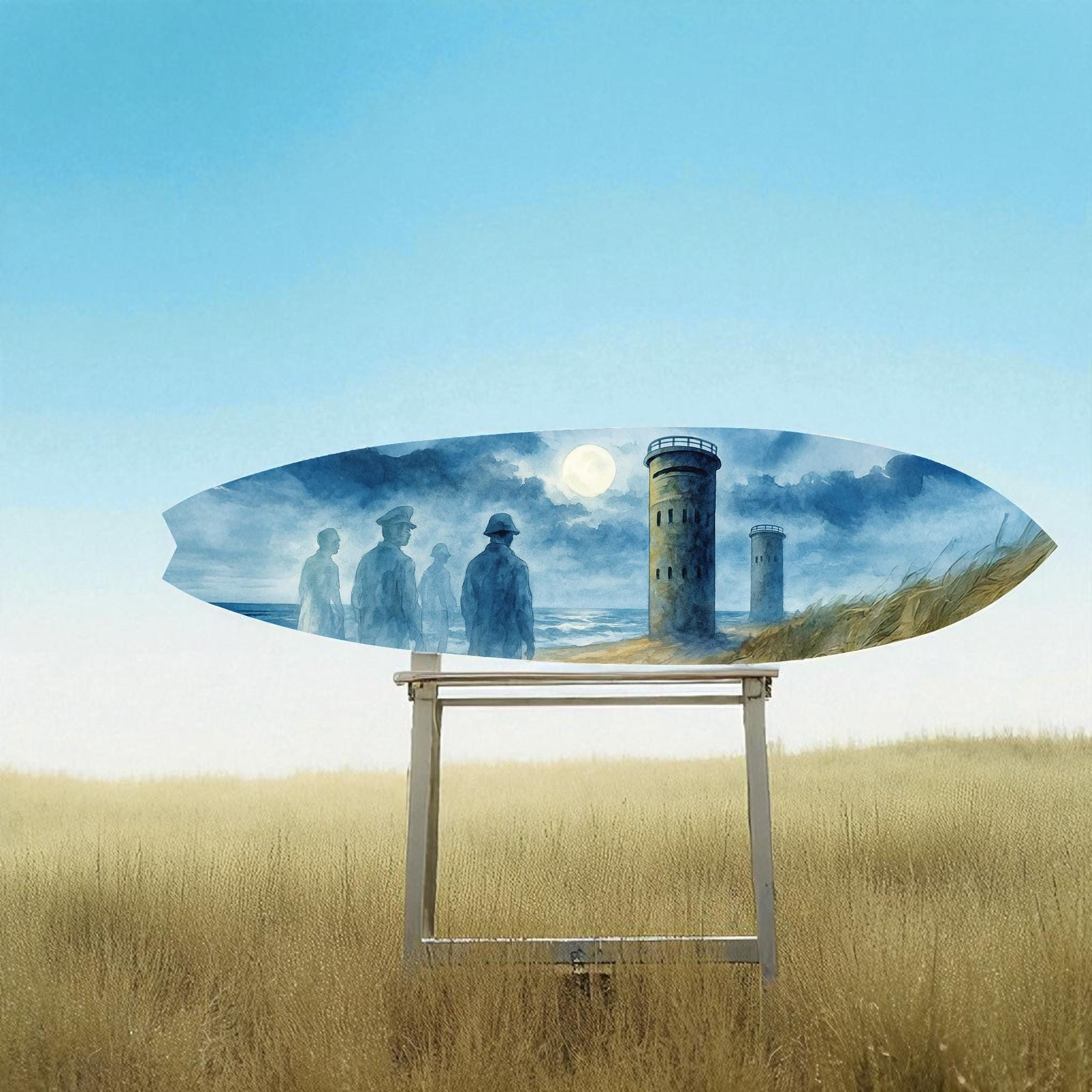 WWII Towers Surfboard Wall Art – Delaware Coastal Décor, Ghostly Soldiers Beach Sign, Unique Halloween Decoration