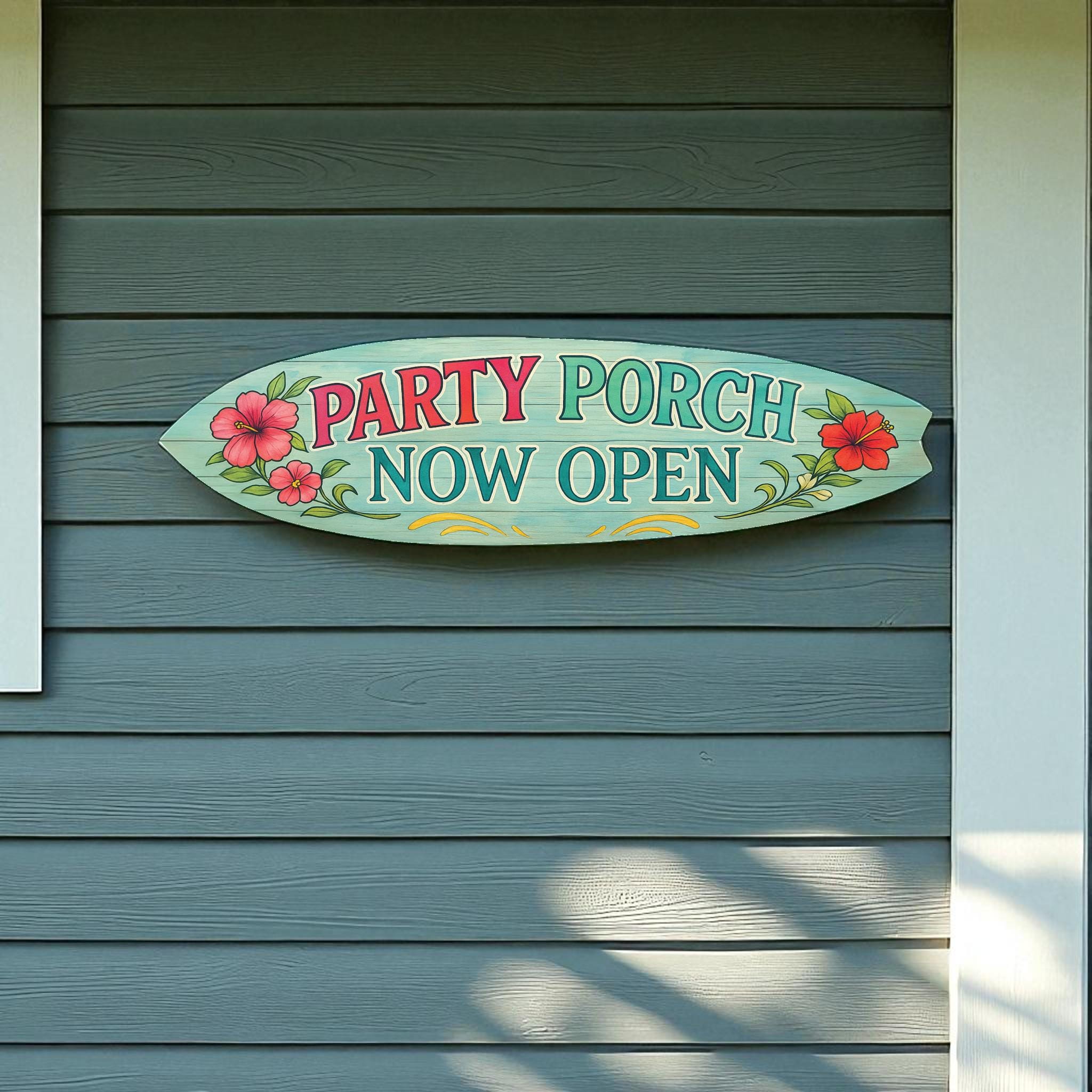 Party Porch Now Open Surfboard Sign – Coastal Porch Decor – Indoor Outdoor Beach House Sign, 3 - 5 Feet