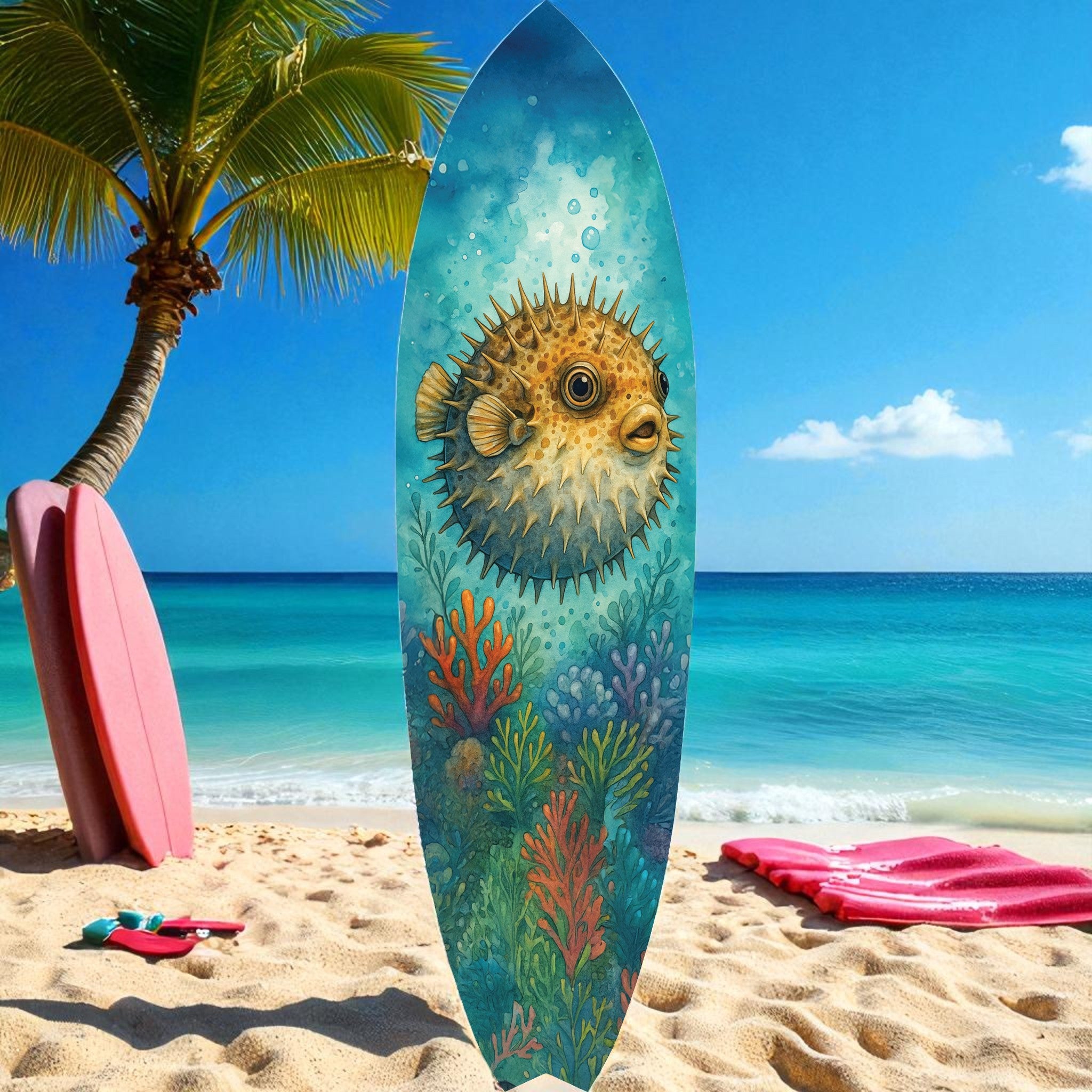Outdoor Pufferfish Surfboard Wall Art – Coastal Beach House Decor, Vibrant Ocean-Themed, PVC Tropical Fish Surfboard Sign, 3 -5 Feet