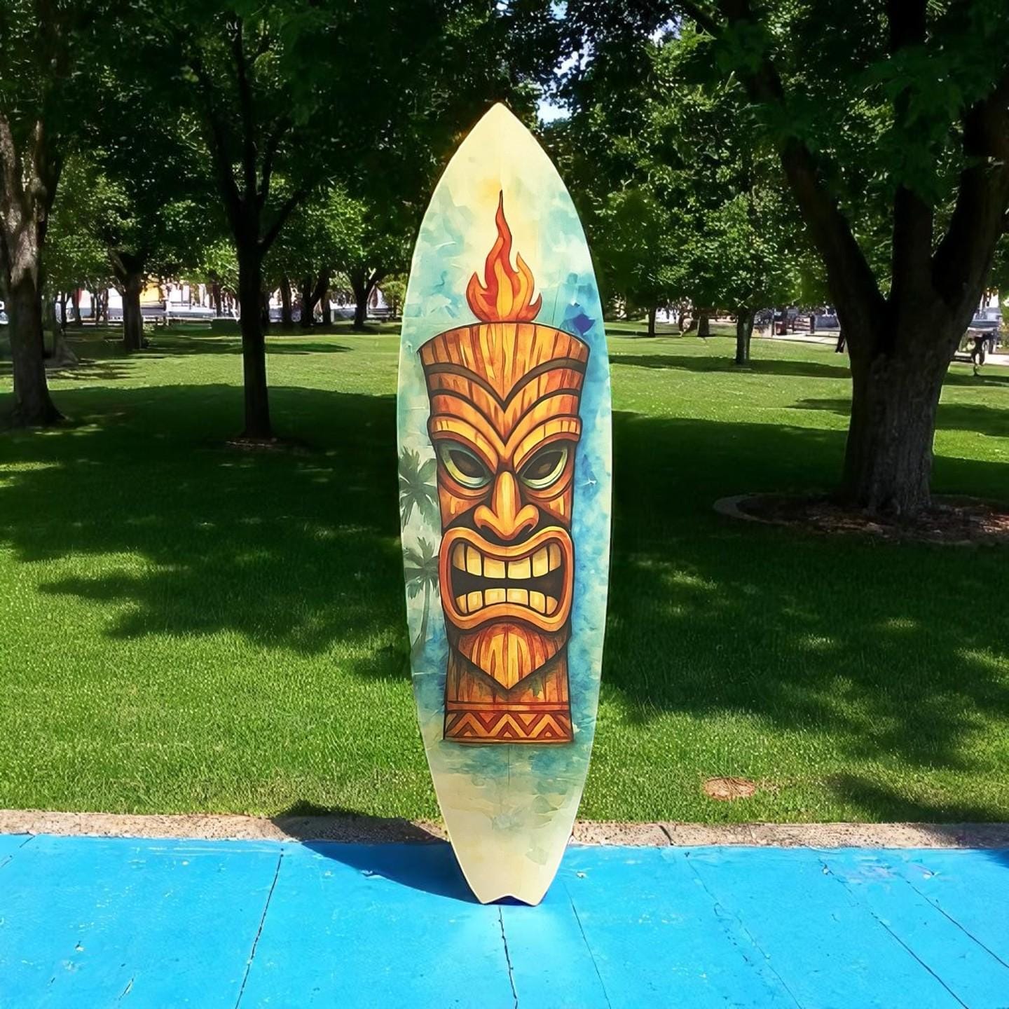 Tiki Surfboard Wall Art – Polynesian Tropical PVC Decor, Outdoor Tiki Mask Surfboard Sign for Patio, Beach House, Luau, or Bar Wall Display, 3 - 5 Feet