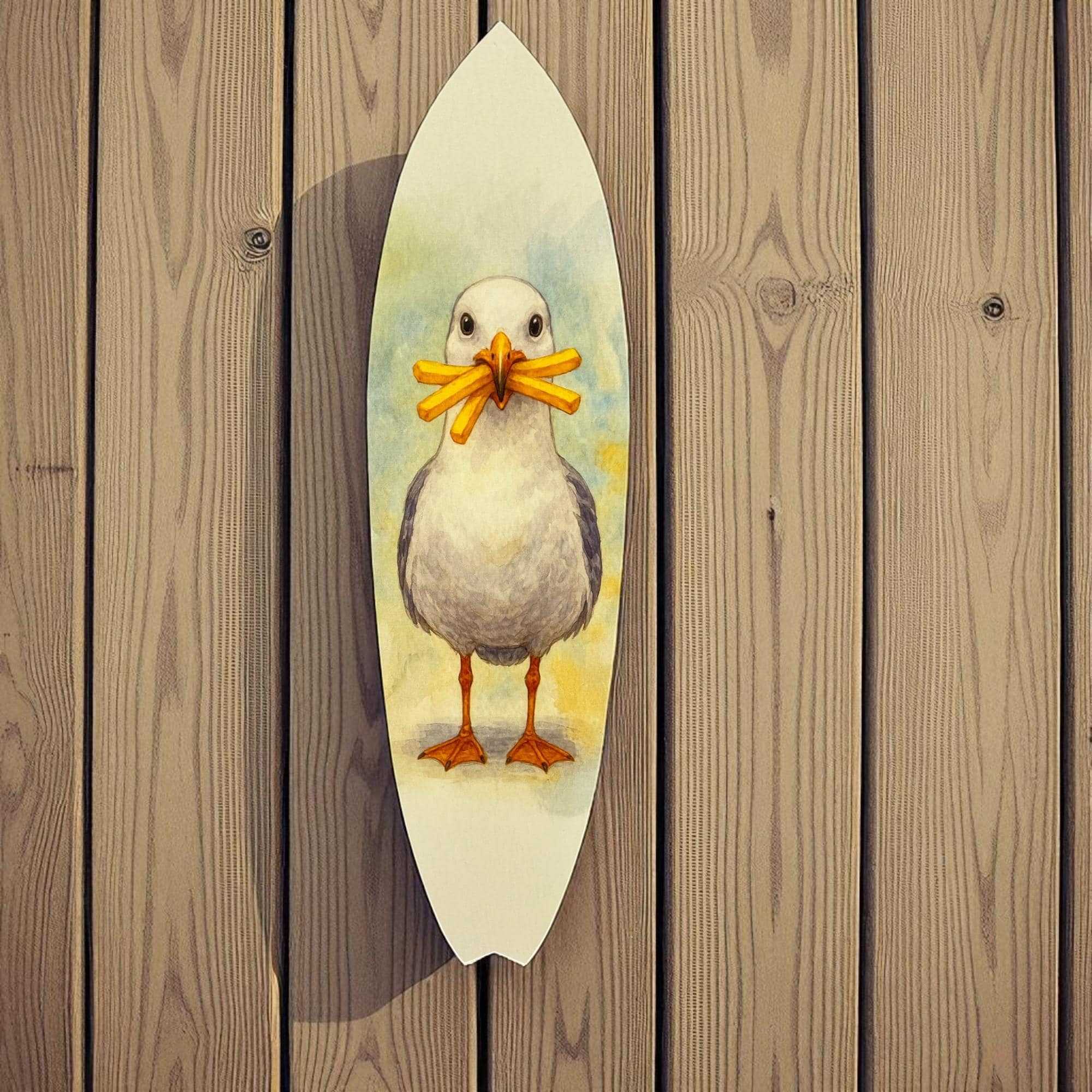 Funny Seagull Surfboard Wall Art – Outdoor Coastal Beach Decor, Seagull with Fries Design, PVC Surfboard Sign – 2ft to 5ft Sizes