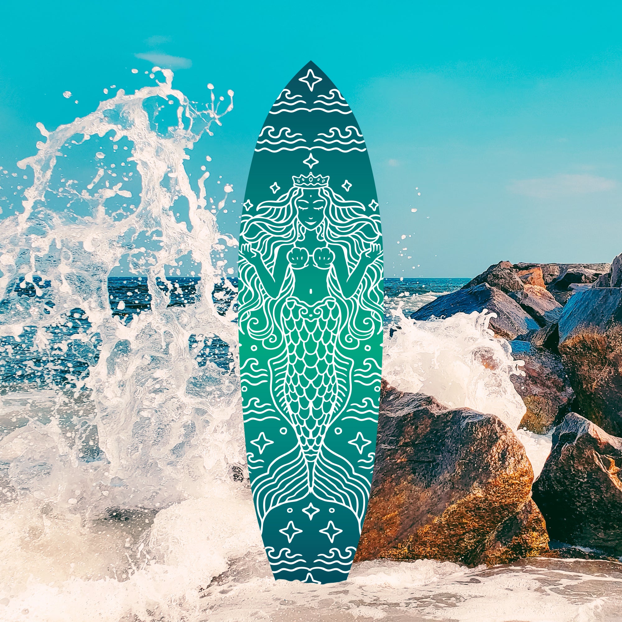 Outdoor Mermaid Surfboard Sign – Weatherproof PVC, Coastal Mermaid Decor for Beach House or Pool Area, Nautical Decoration, 3 - 5 Feet