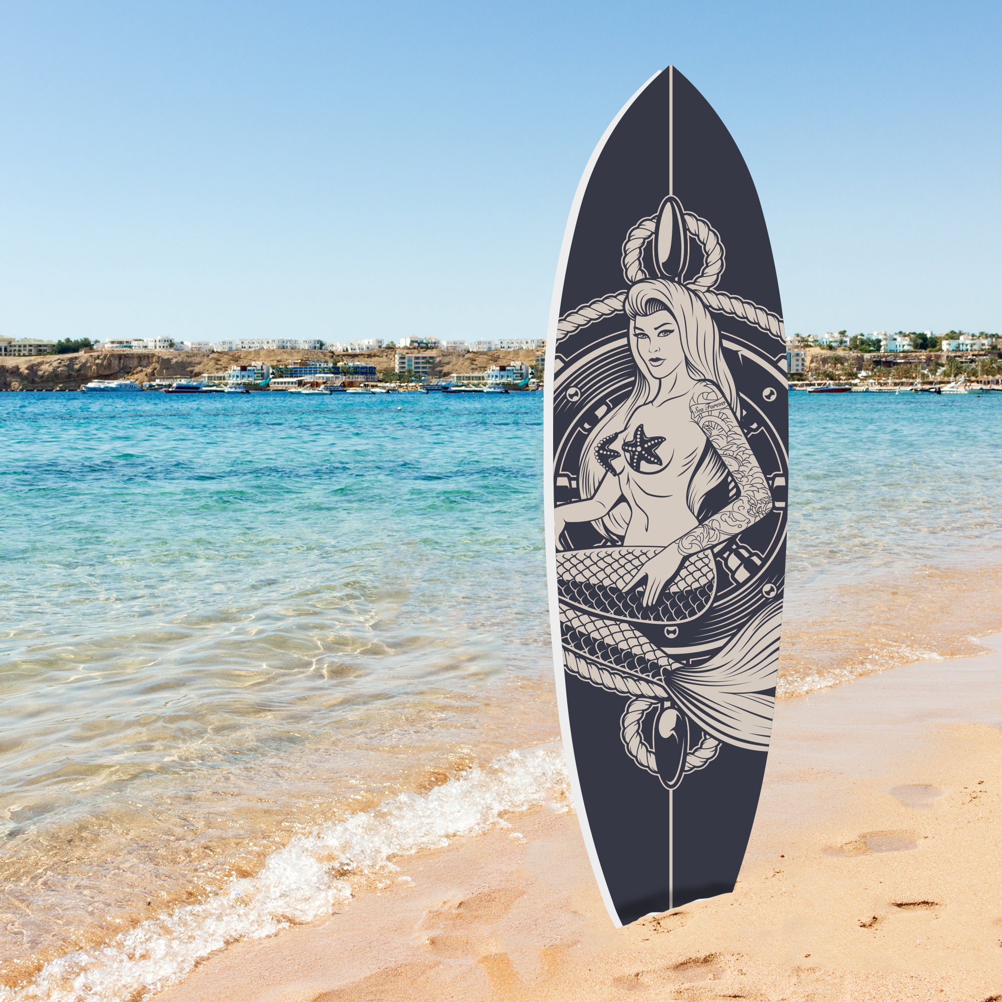 Outdoor Mermaid Surfboard Sign – Weatherproof PVC, Coastal Mermaid Decor for Beach House or Pool Area, Nautical Decoration, 3 - 5 Feet