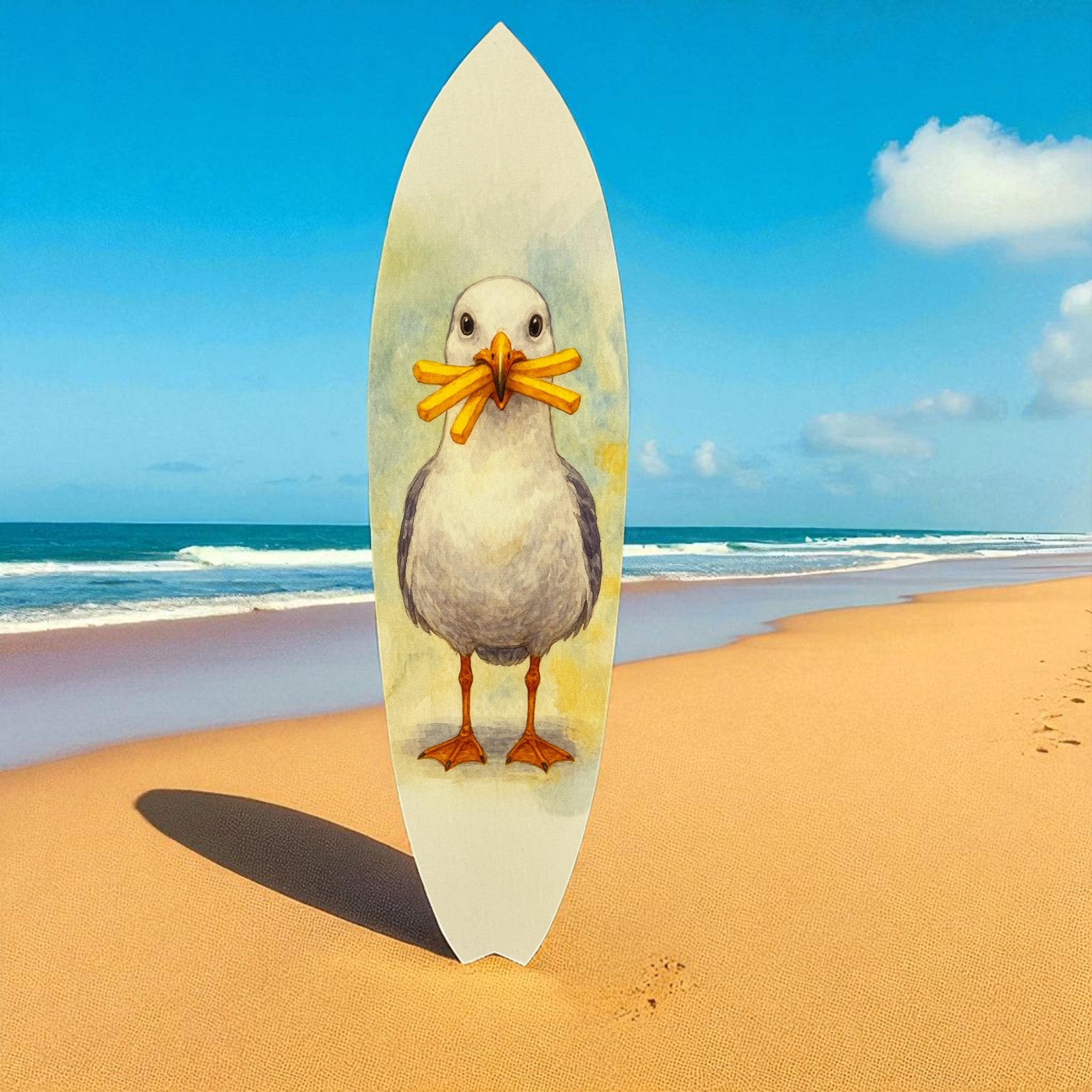 Funny Seagull Surfboard Wall Art – Outdoor Coastal Beach Decor, Seagull with Fries Design, PVC Surfboard Sign – 2ft to 5ft Sizes