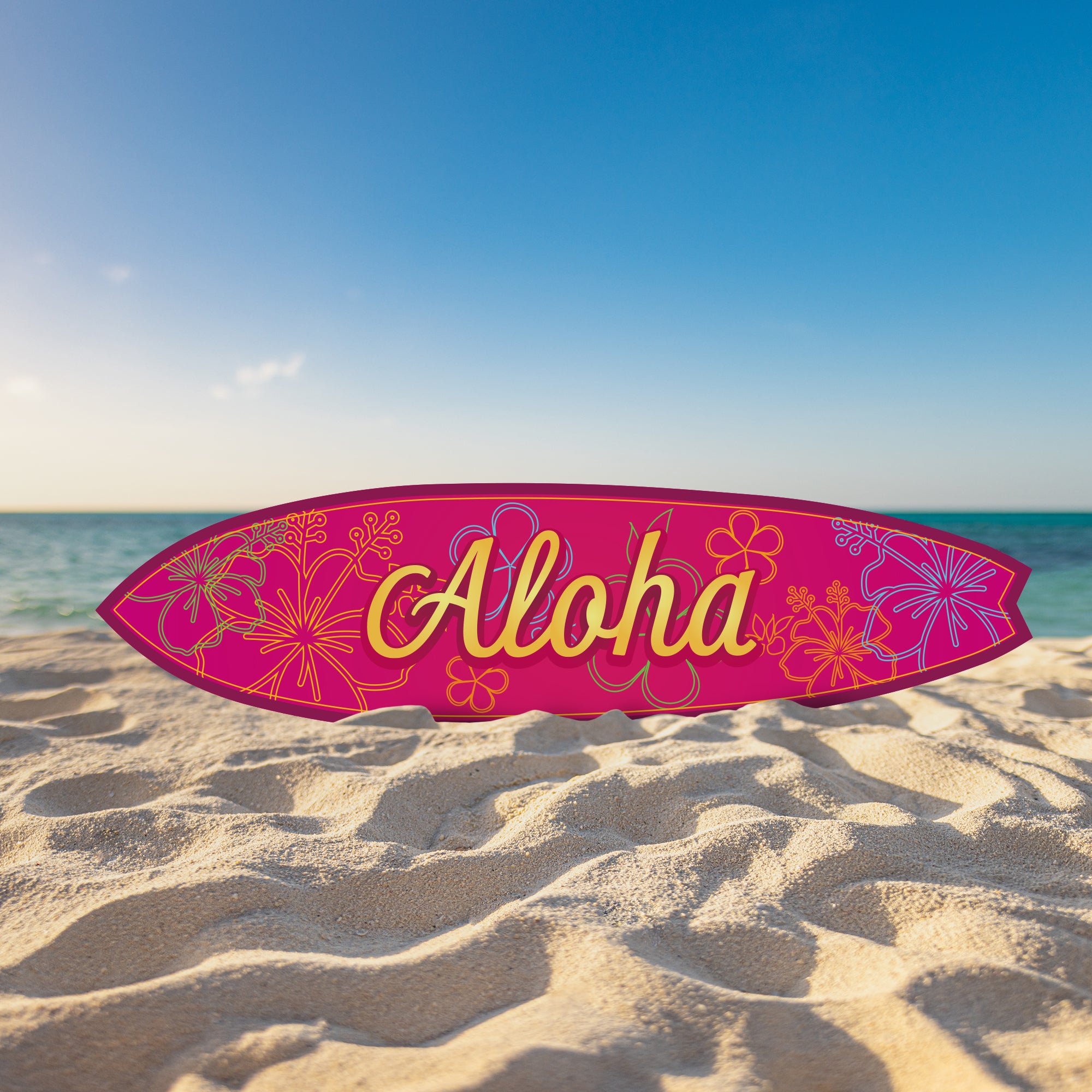Outdoor Aloha Hawaiian Surfboard Wall Art, Hawaiian Decor Hibiscus Flowers, Weather Resistant PVC, Coastal Style Surfboard Sign, 3 - 5 Feet