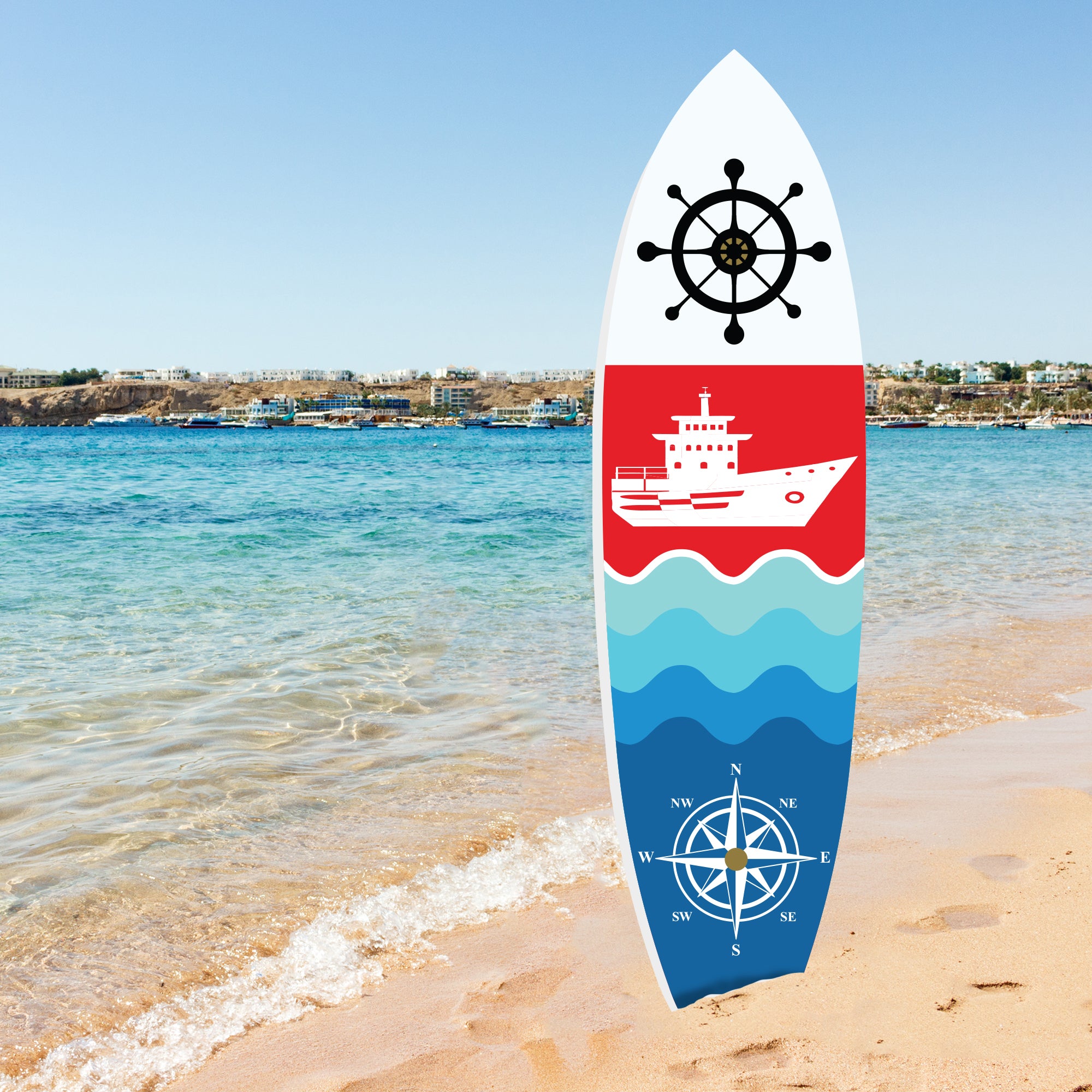 Outdoor Nautical Ship and Compass Surfboard Wall Art, PVC, Indoor and Outdoor, 3 - 5 Feet