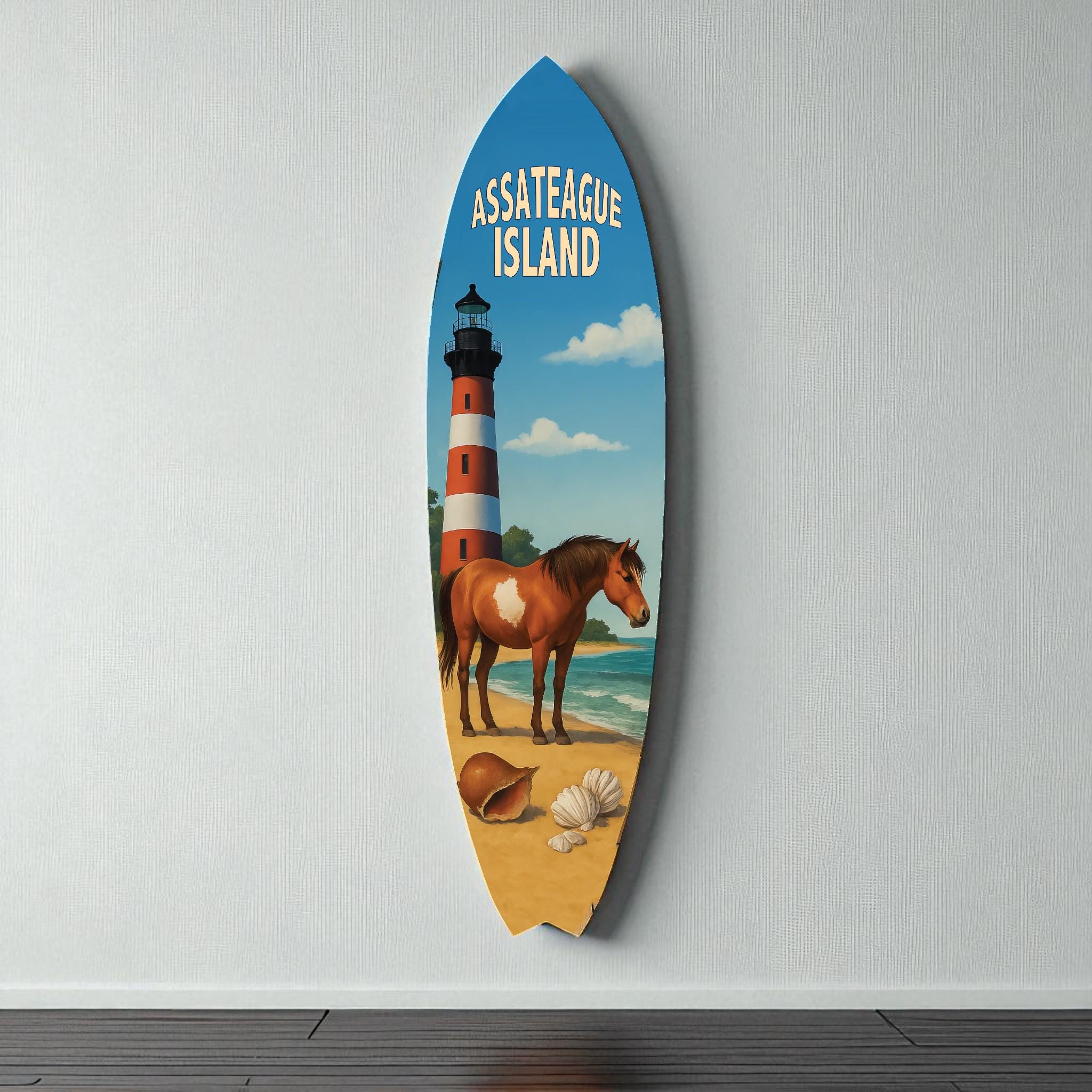 Assateague Island Surfboard Decor – Coastal Wall Art for Beach Lovers, Indoor Outdoor PVC Surf Board Sign, 3 - 5 Feet