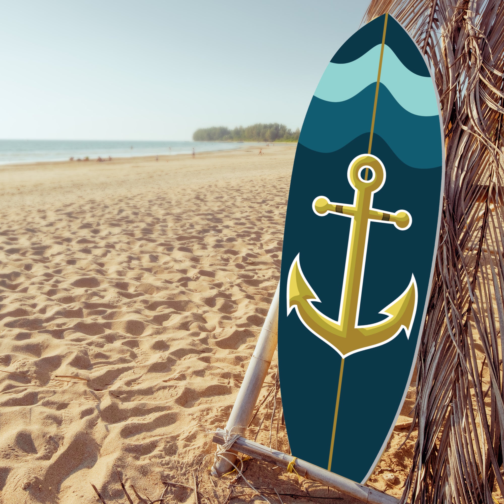 Outdoor Nautical Anchor Surfboard Wall Art, Navy Blue and Teal, Indoor Outdoor, Weather Resistant PVC, 3 -5 Feet