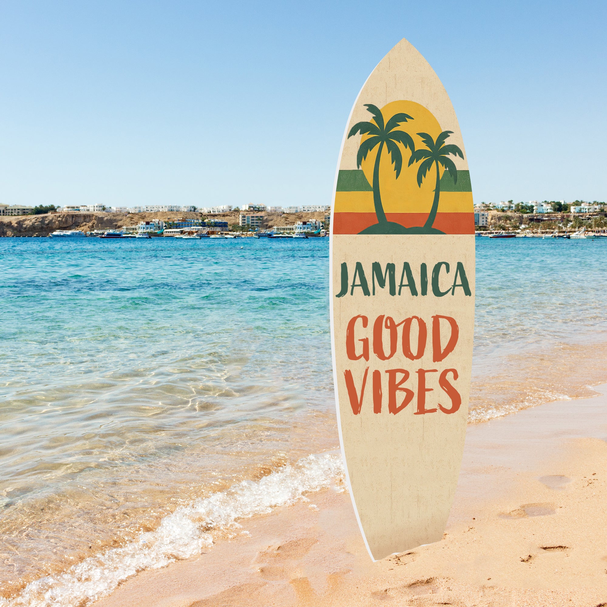 Outdoor Surfboard Wall Art Jamaica Good Vibes Sign with Sunset and Palm Trees, Beach House Tropical Coastal Decor Weatherproof PVC, 3 - 5 Feet