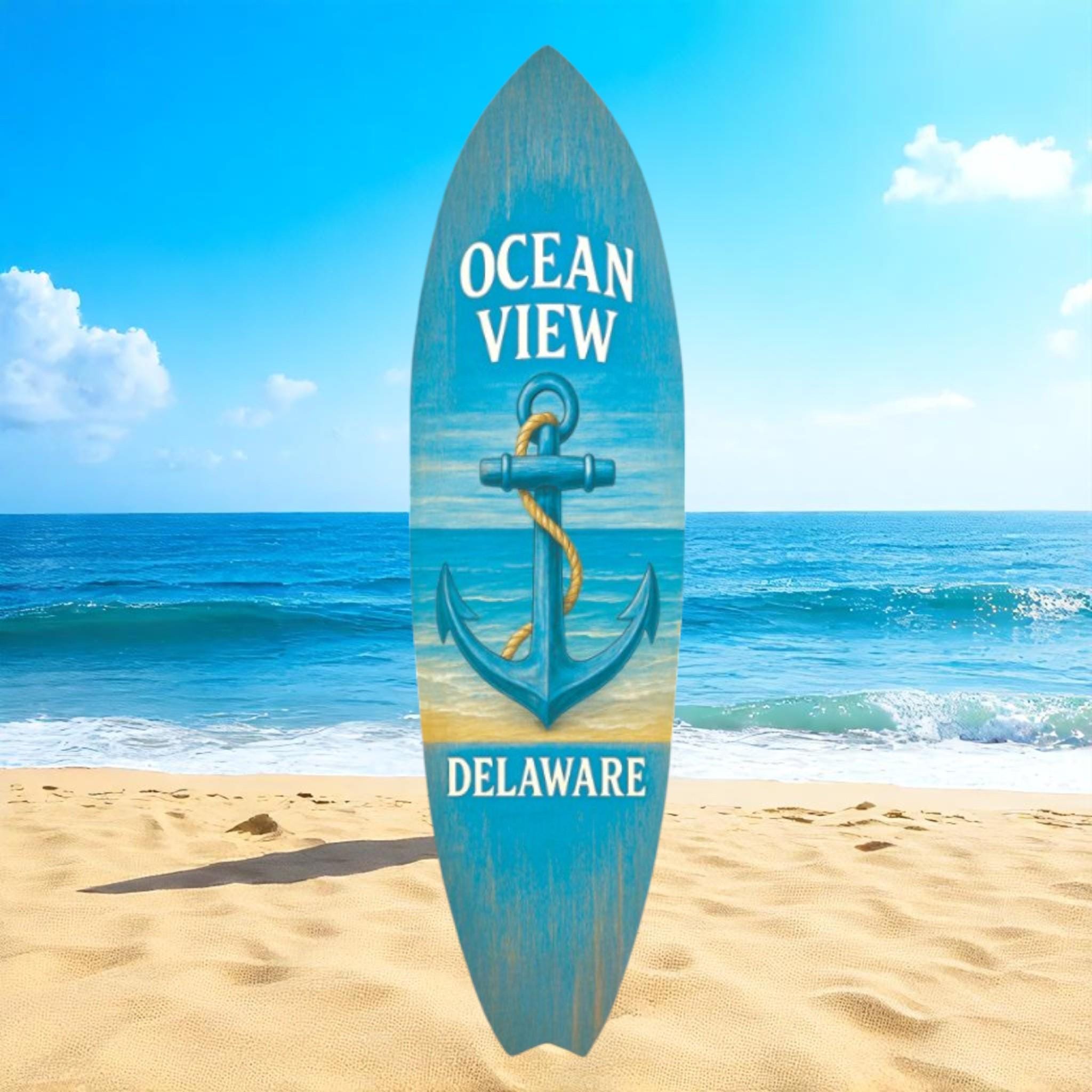 Ocean View Delaware Surfboard Wall Art – Coastal Anchor Beach Decor, Nautical Sign for Porch, Patio, or Beach House, Weatherproof PVC