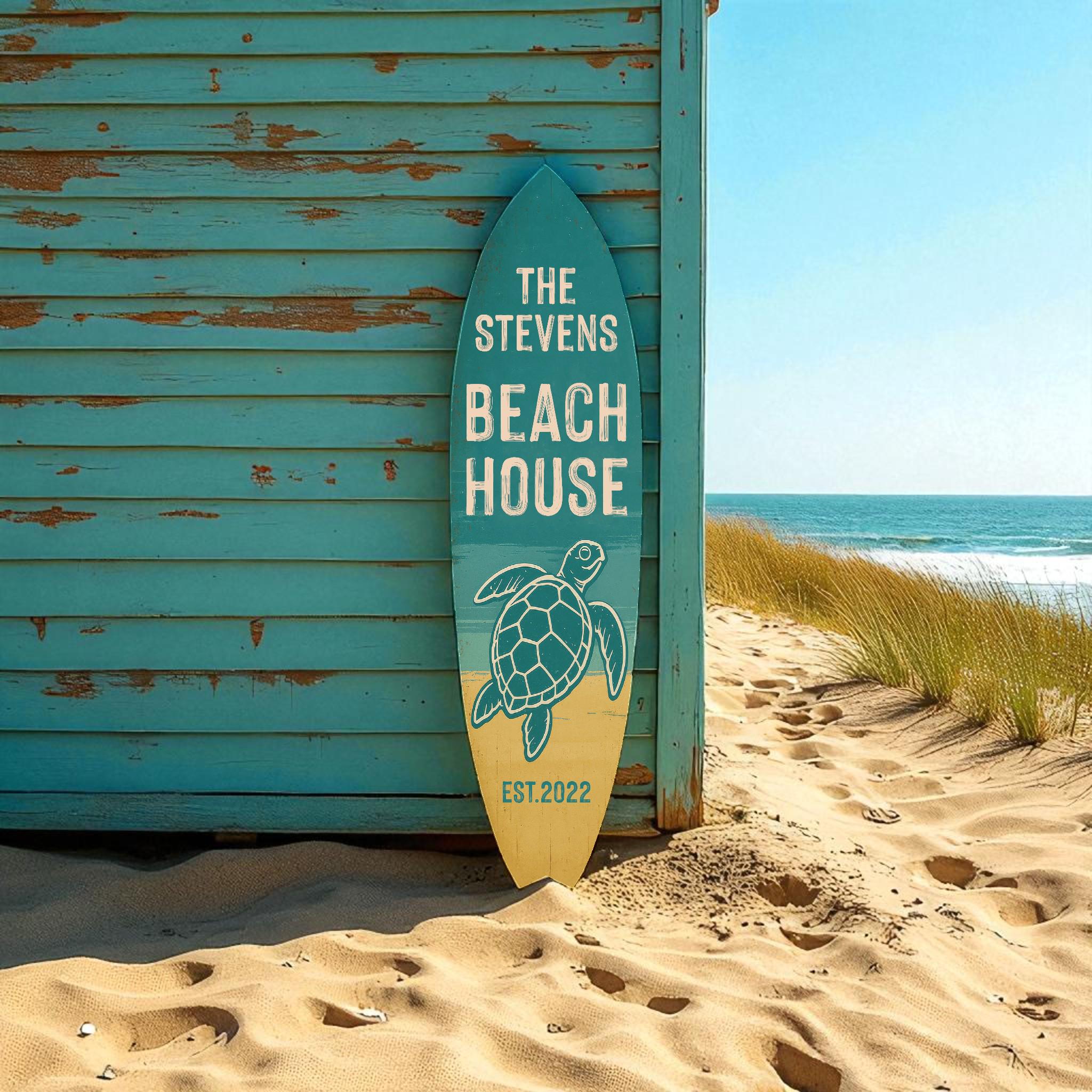 Custom Turtle Beach House Surfboard Sign – Personalized Nautical Wall Art, Coastal Home Decor, Sea Turtle Surf Board, Beach House Gift, 3 - 5 Feet