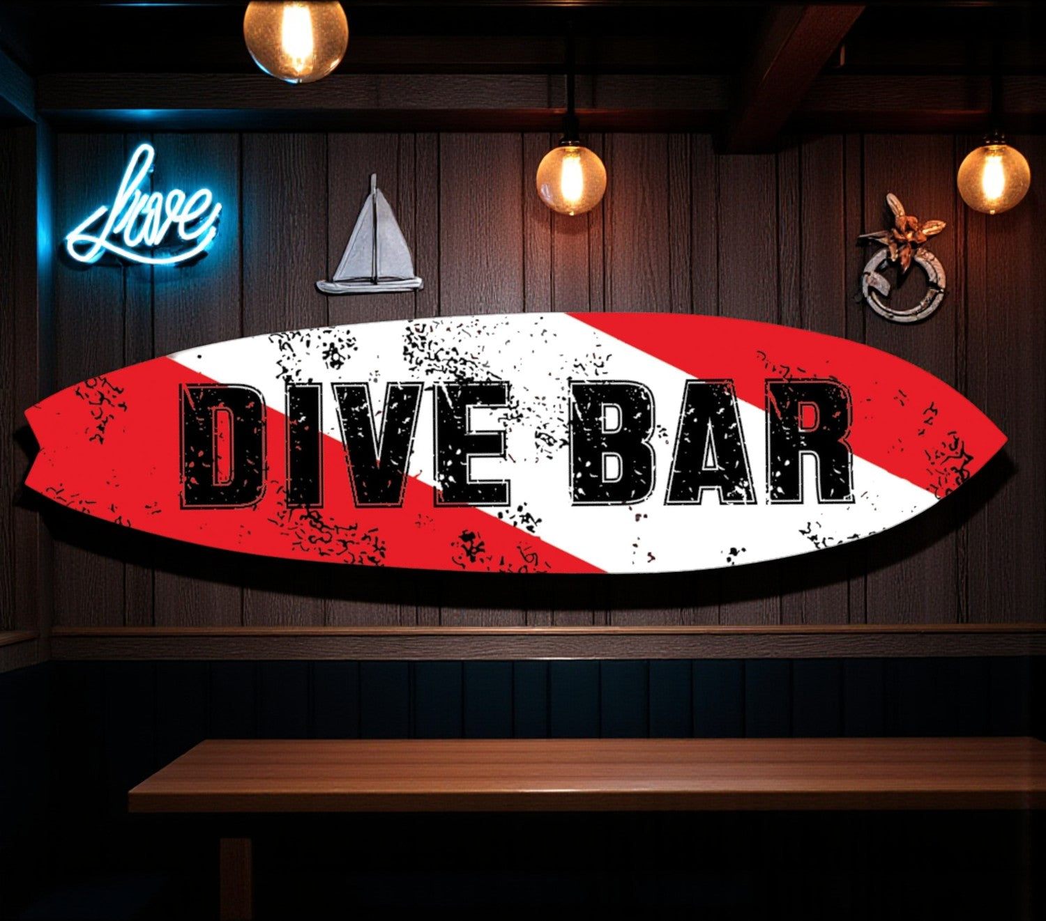 Dive Bar Surfboard Sign