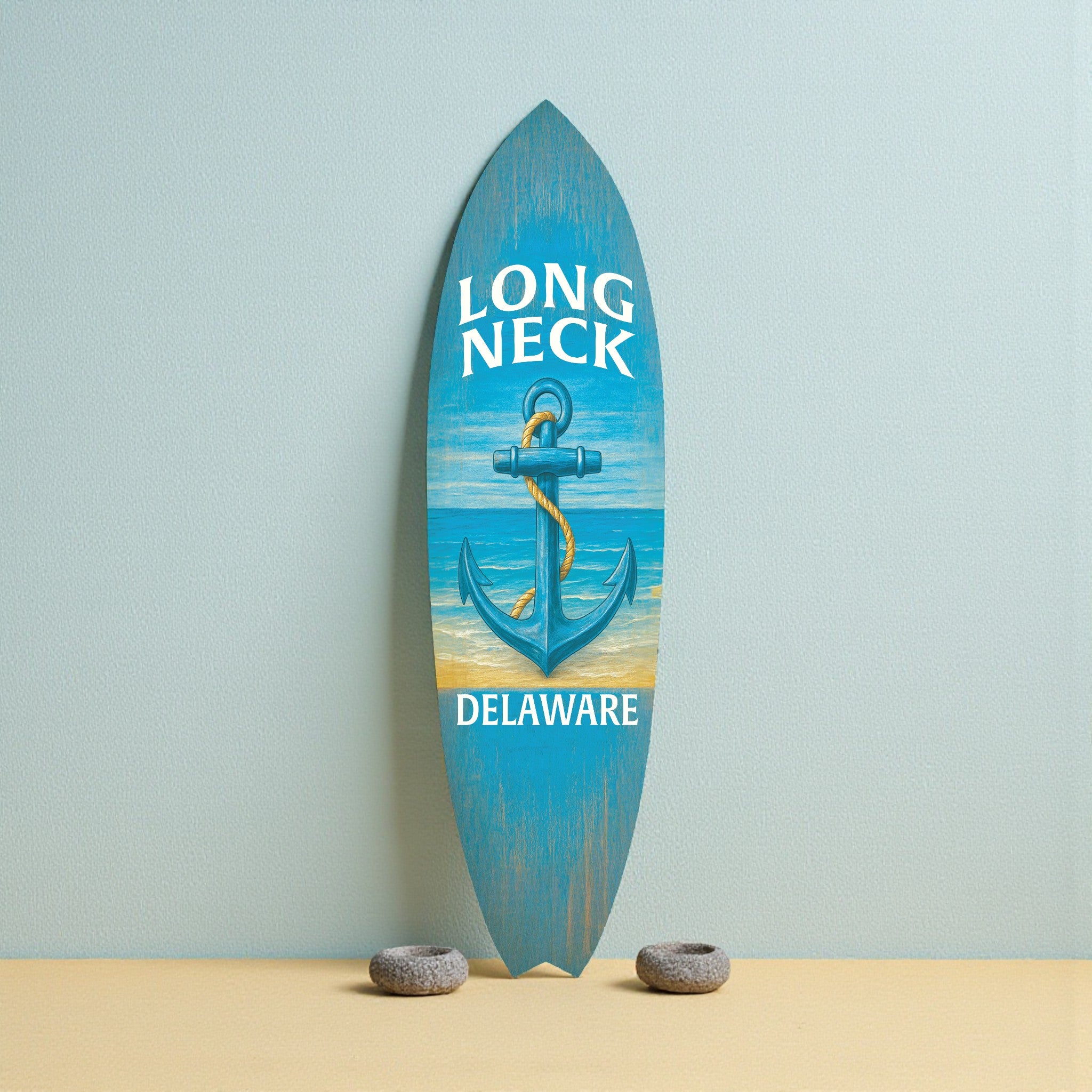 Long Neck Delaware Surfboard Wall Art - Coastal Beach House Decor, Weather-Resistant PVC Indoor Outdoor