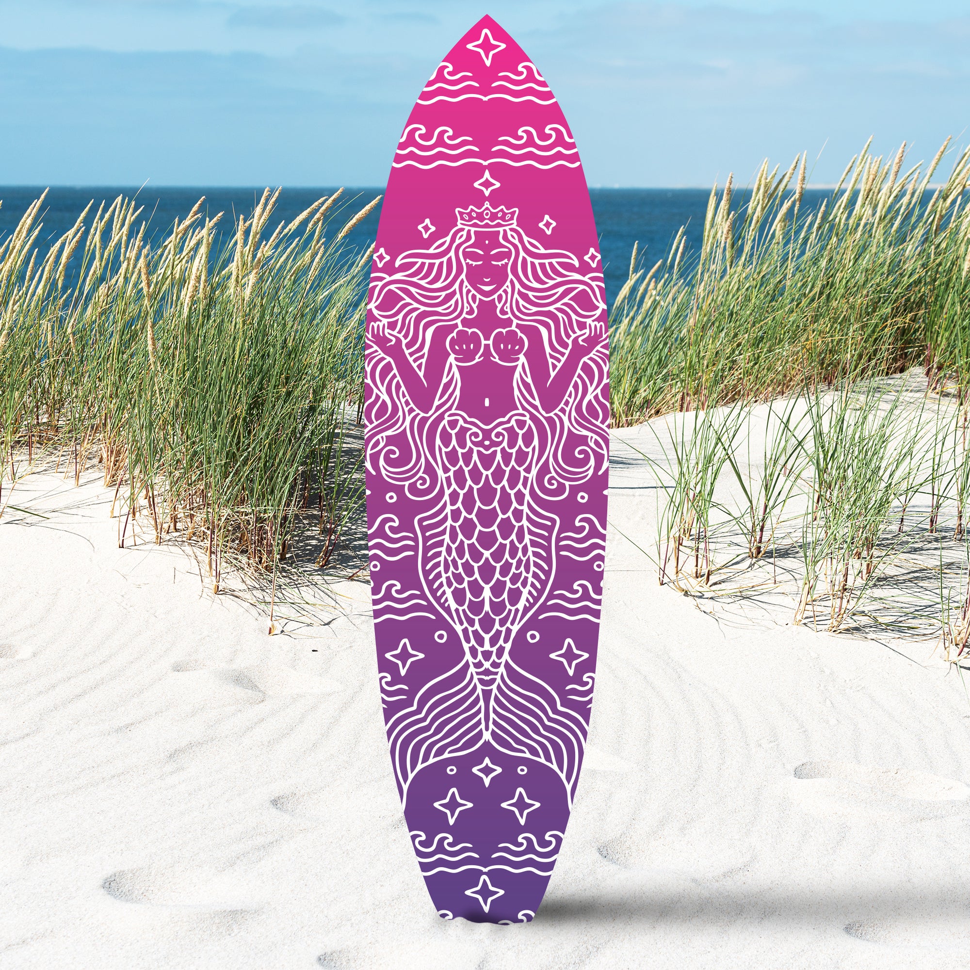 Outdoor Mermaid Surfboard Sign – Weatherproof PVC, Coastal Mermaid Decor for Beach House or Pool Area, Nautical Decoration, 3 - 5 Feet