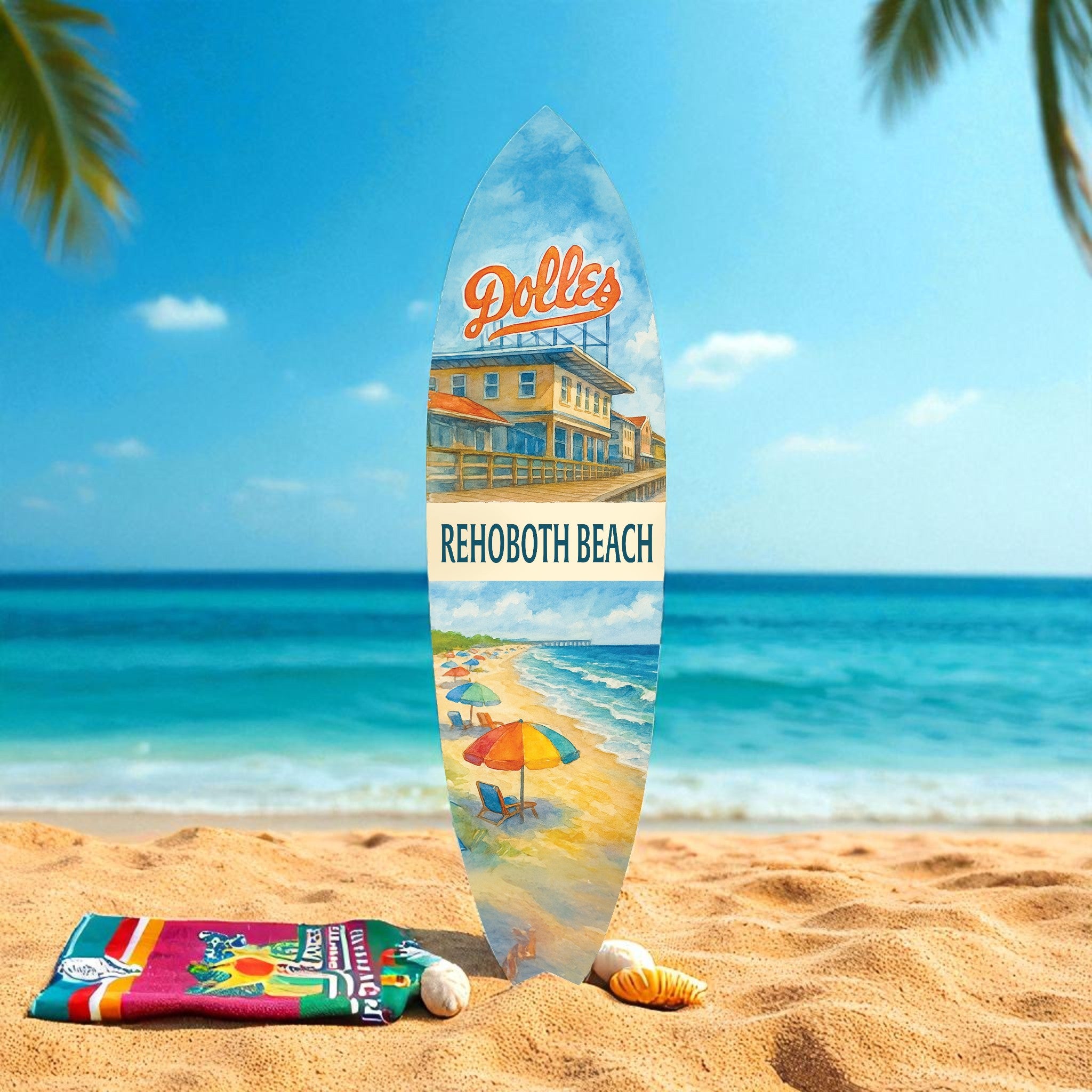 Rehoboth Beach Surfboard Wall Art – Dolle’s Salt Water Taffy Scene, Coastal Decor, Delaware Beach Sign, Outdoor Indoor PVC, 3 - 5 Feet