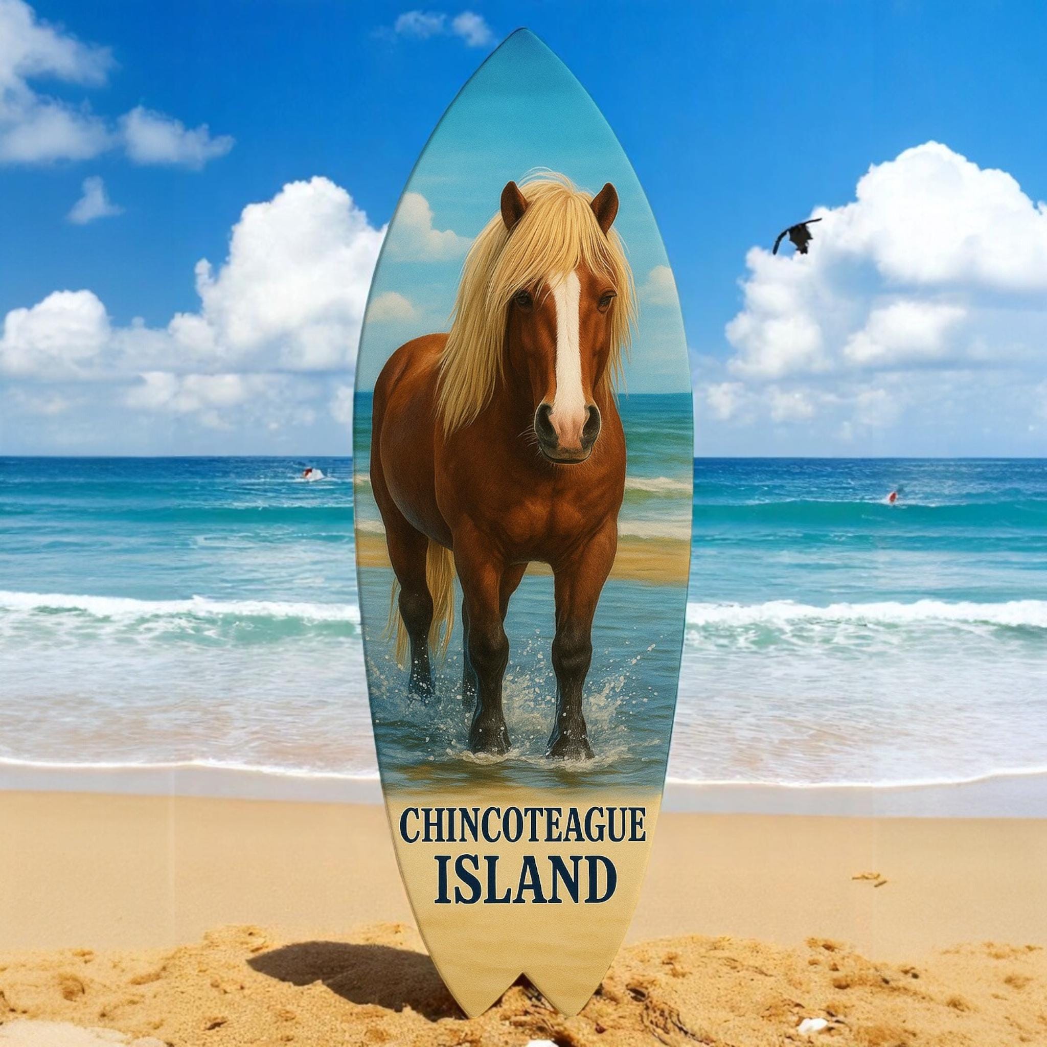 Chincoteague Island Virginia Surfboard Decorative Wall Art Horses and Oysters