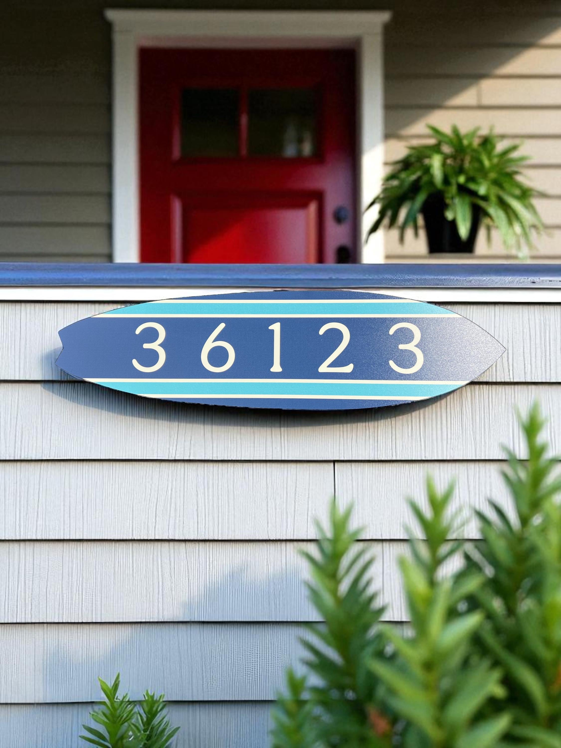 Custom Beach Address Sign – Surfboard House Number Plaque – Coastal Outdoor Decor – Nautical Home Accent – Personalized Sign for Porch