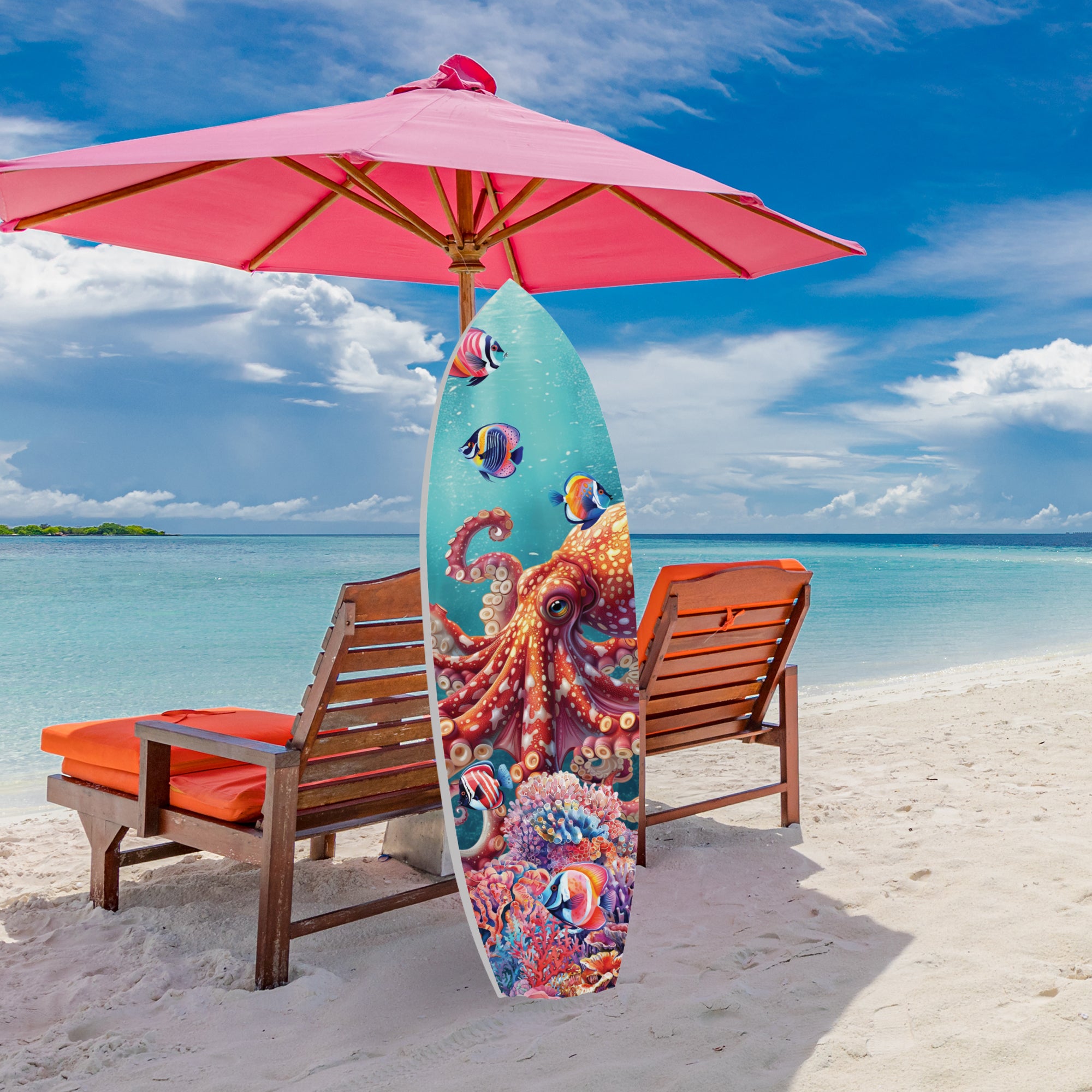 Outdoor Octopus Surfboard Wall Art Decor, Octopus Surfboard Sign, Weather Resistant PVC, 3 - 5 Feet