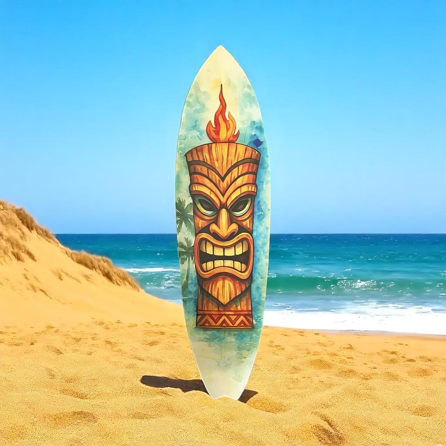 Tiki Surfboard Wall Art – Polynesian Tropical PVC Decor, Outdoor Tiki Mask Surfboard Sign for Patio, Beach House, Luau, or Bar Wall Display, 3 - 5 Feet