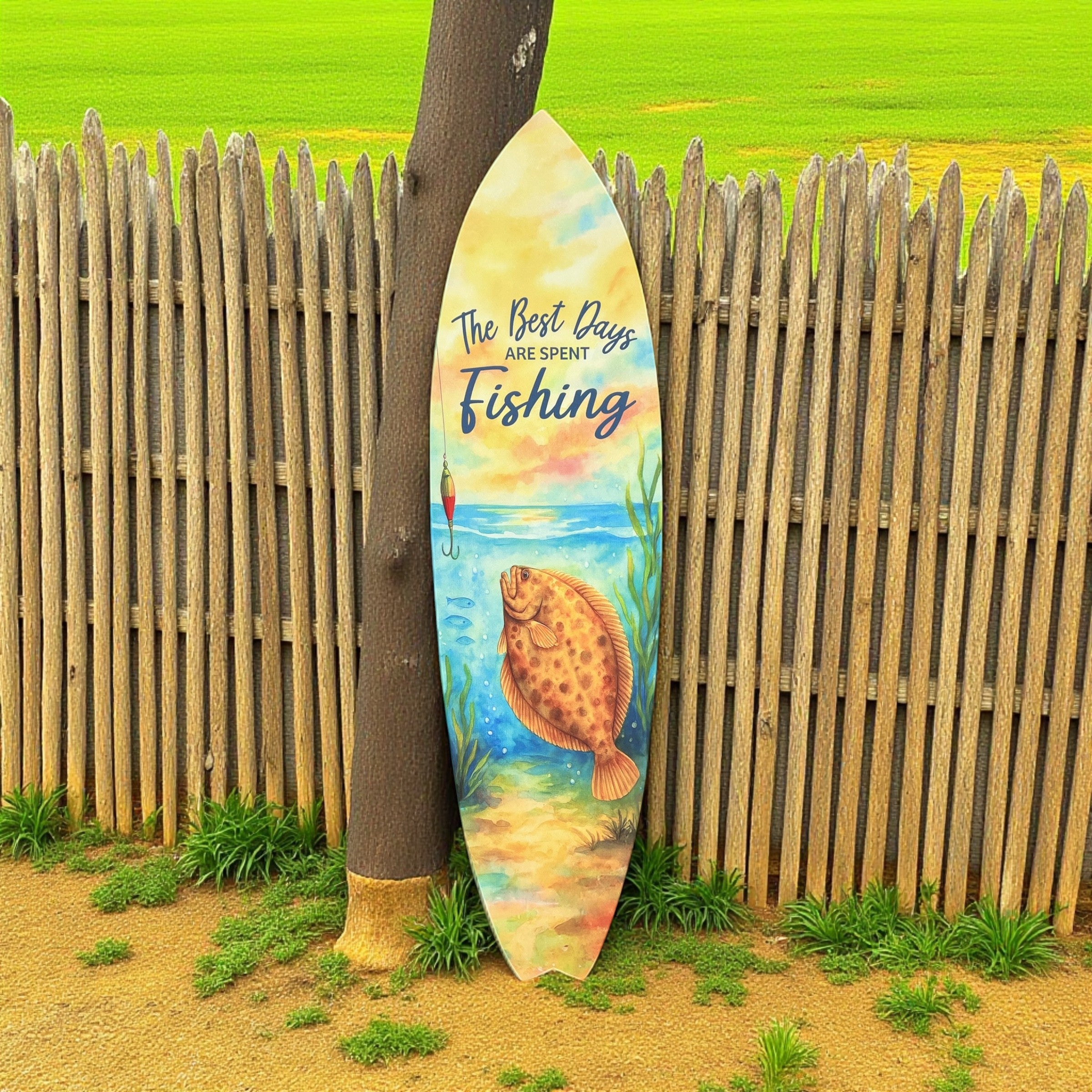 Fishing Surfboard Wall Art - Outdoor PVC Beach House Decor, The Best Days Are Spent Fishing, Coastal Surfboard Sign
