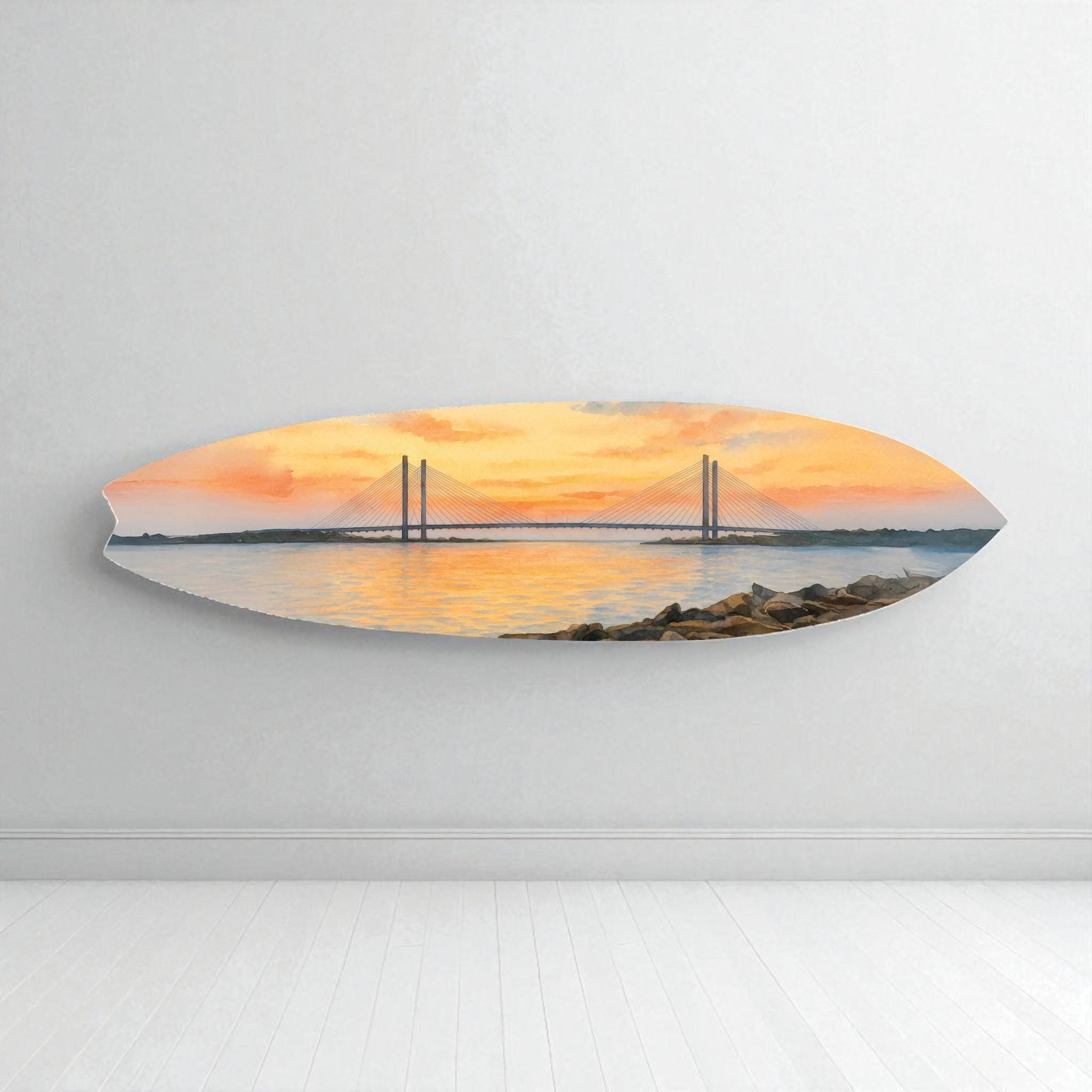 Indian River Bridge Surfboard Wall Art – Delaware Watercolor Coastal Décor, Nautical PVC Surfboard Sign, Outdoor Safe