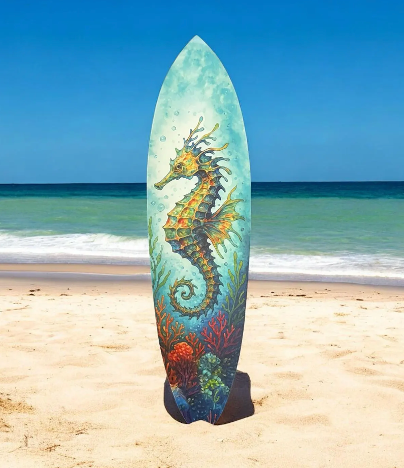 Seahorse Surfboard Wall Art – Coastal PVC Beach House Decor, Ocean Theme Nautical Wall Sign, Tropical Underwater Sea Dragon, 3 - 5 Feet