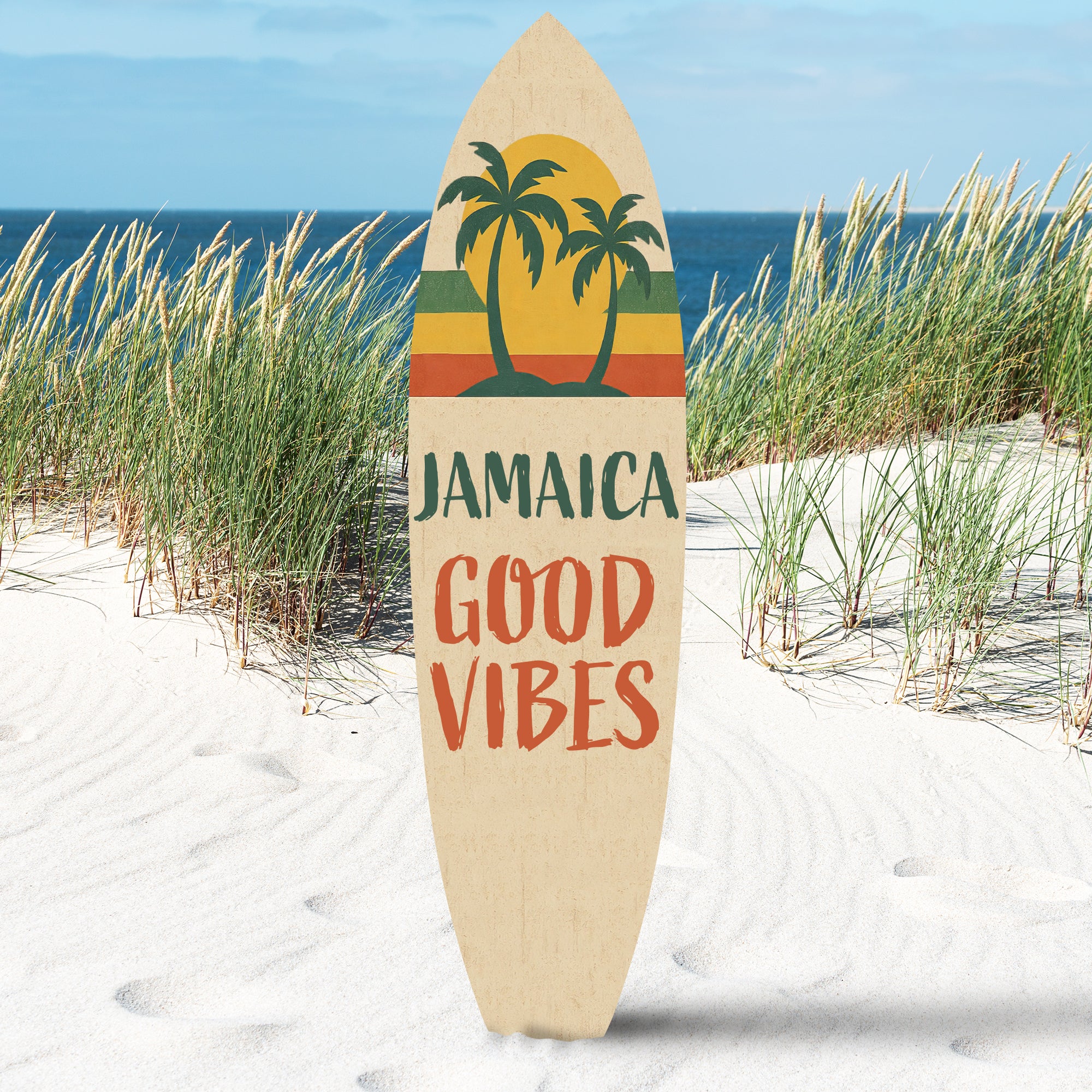 Outdoor Surfboard Wall Art Jamaica Good Vibes Sign with Sunset and Palm Trees, Beach House Tropical Coastal Decor Weatherproof PVC, 3 - 5 Feet