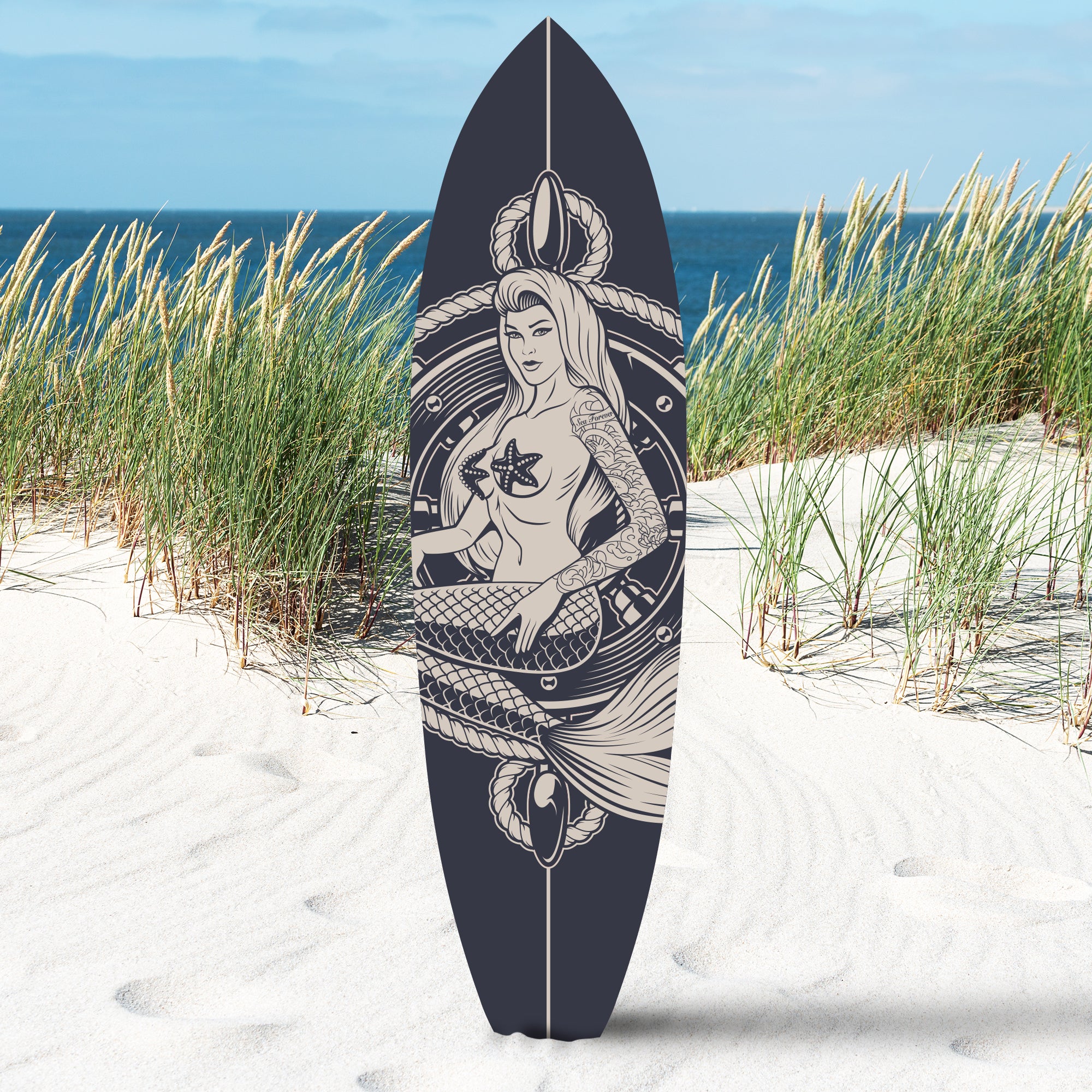 Outdoor Mermaid Surfboard Sign – Weatherproof PVC, Coastal Mermaid Decor for Beach House or Pool Area, Nautical Decoration, 3 - 5 Feet