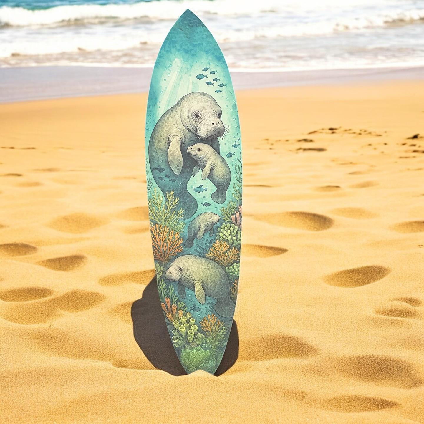 Manatee Surfboard Wall Art – Coastal PVC Beach Decor, Under the Sea Ocean Theme, Weatherproof Outdoor Surfboard Sign, 3 - 5 Feet