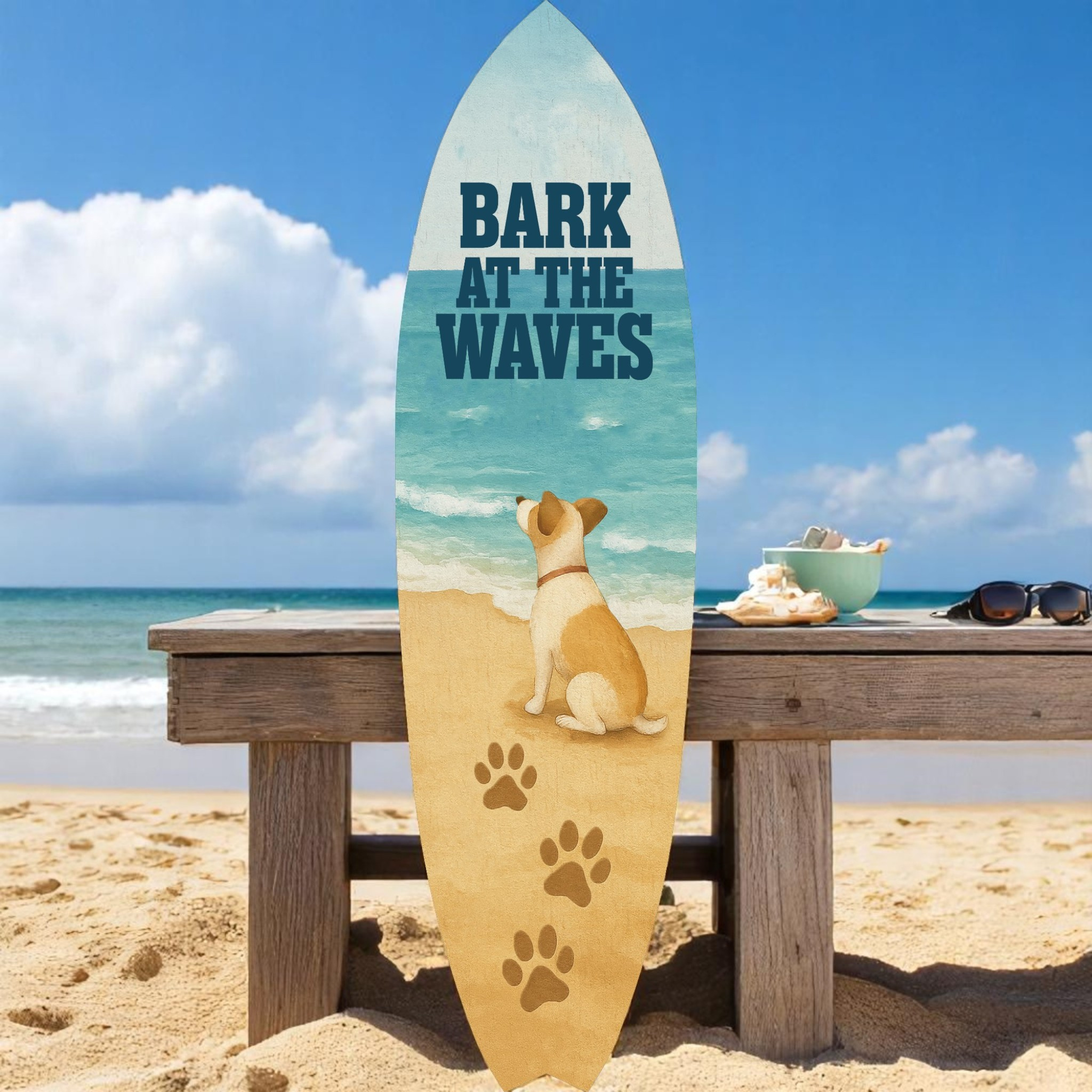 Outdoor Dog Surfboard Wall Decor – Coastal Pet Wall Art, PVC Beach House Decor, Bark at the Waves, 3 - 5 Feet