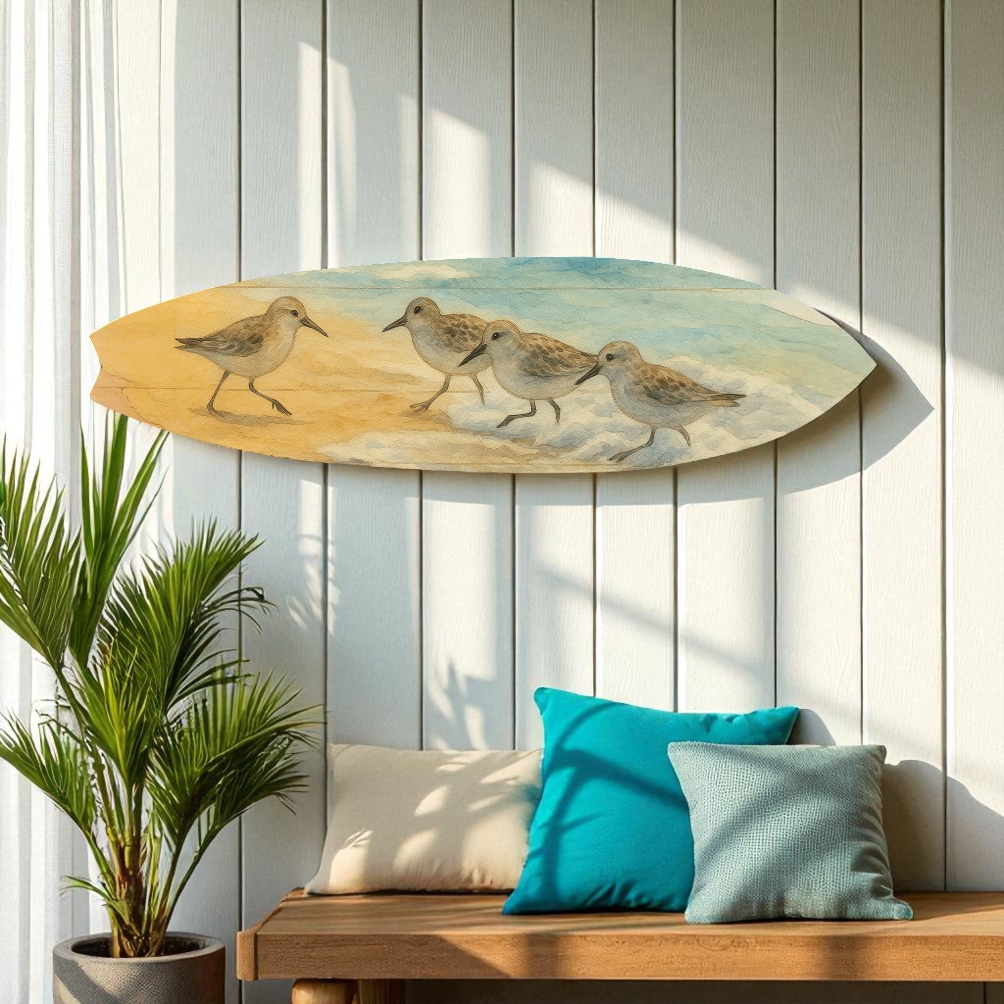 Shorebird Surfboard Wall Art – Beach House Decor with Sandpipers – Coastal Watercolor Surfboard Sign, Weather Resistant PVC Indoor Outdoor, 3 - 5 Feet