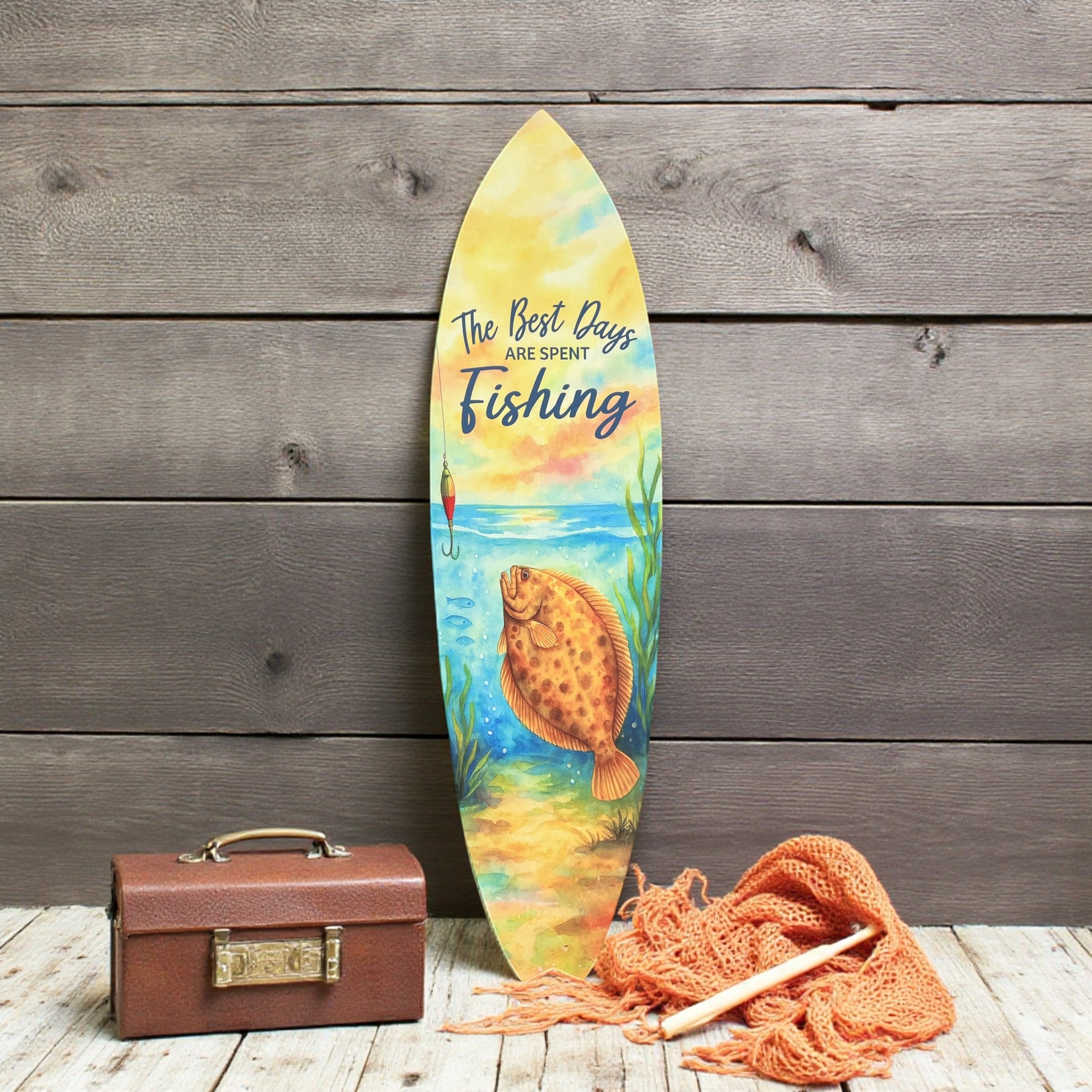 Fishing Surfboard Wall Art - Outdoor PVC Beach House Decor, The Best Days Are Spent Fishing, Coastal Surfboard Sign