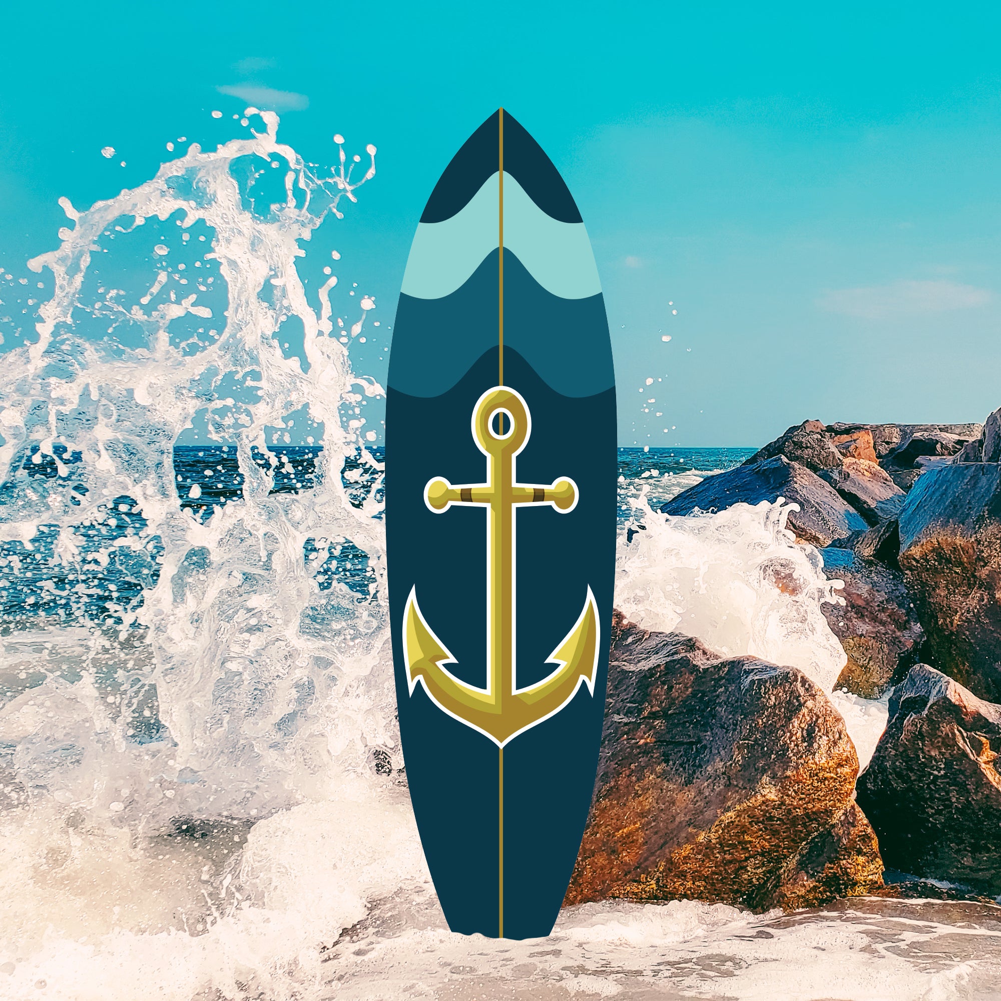 Outdoor Nautical Anchor Surfboard Wall Art, Navy Blue and Teal, Indoor Outdoor, Weather Resistant PVC, 3 -5 Feet