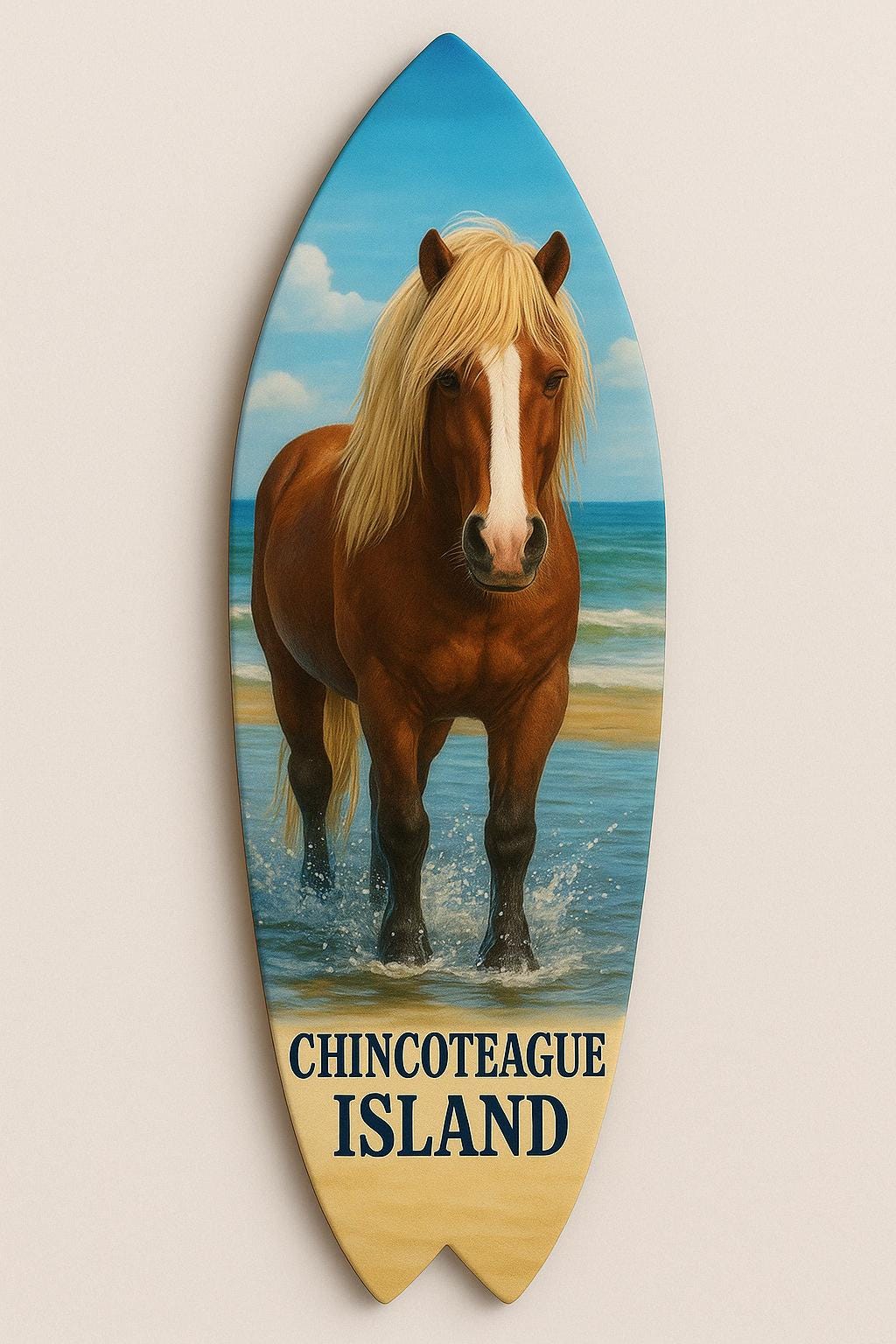 Chincoteague Island Virginia Surfboard Decorative Wall Art Horses and Oysters