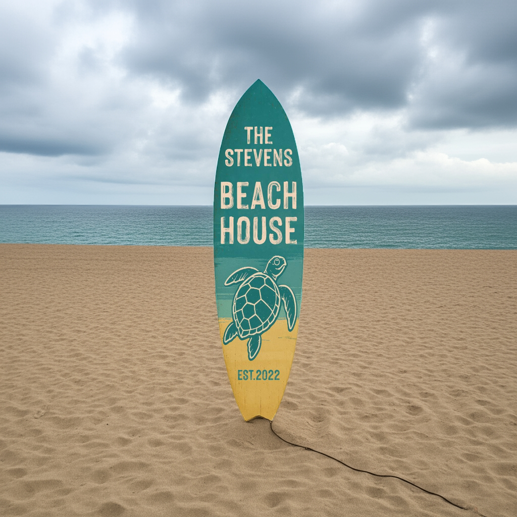 Custom Turtle Beach House Surfboard Sign – Personalized Nautical Wall Art, Coastal Home Decor, Sea Turtle Surf Board, Beach House Gift, 3 - 5 Feet