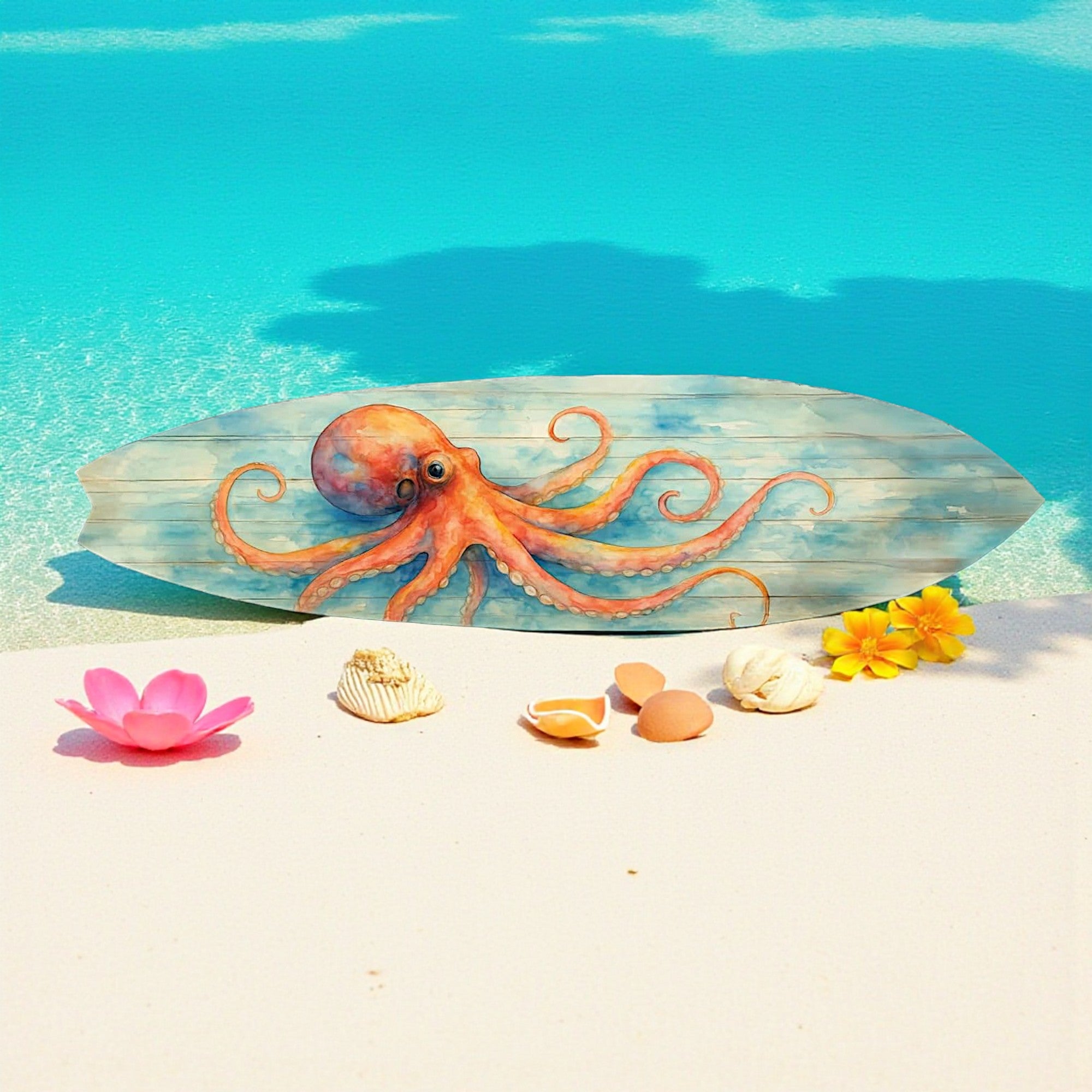 Octopus Surfboard Wall Art – Coastal Nautical Decor, PVC Outdoor Beach Sign, Ocean Lover Gift, Octopus Decoration