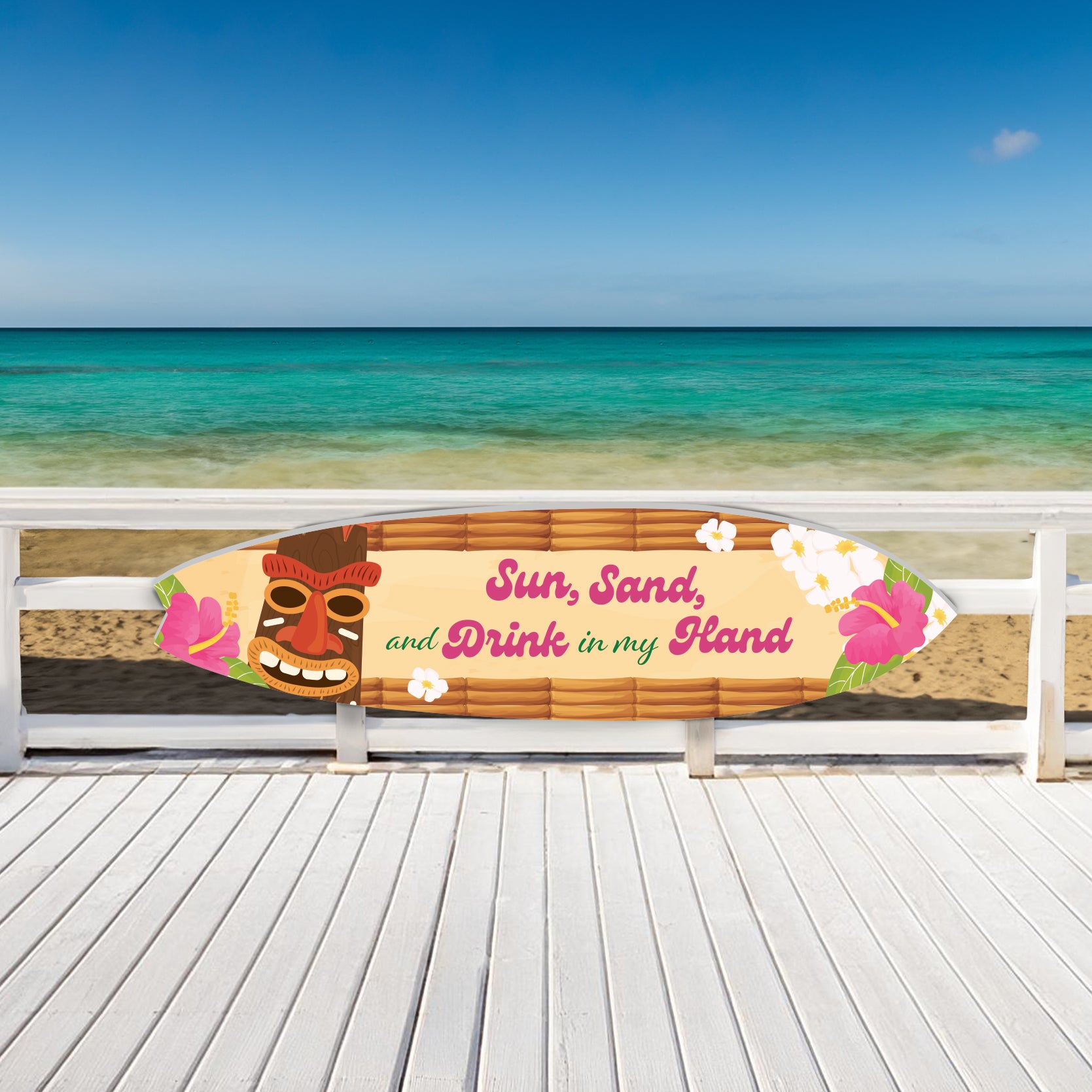 Tropical Surfboard and Tiki Bar Sign, Sun Sand Drink in Hand, Weather Resistant, Coastal Home Decor, 3 - 5 Feet