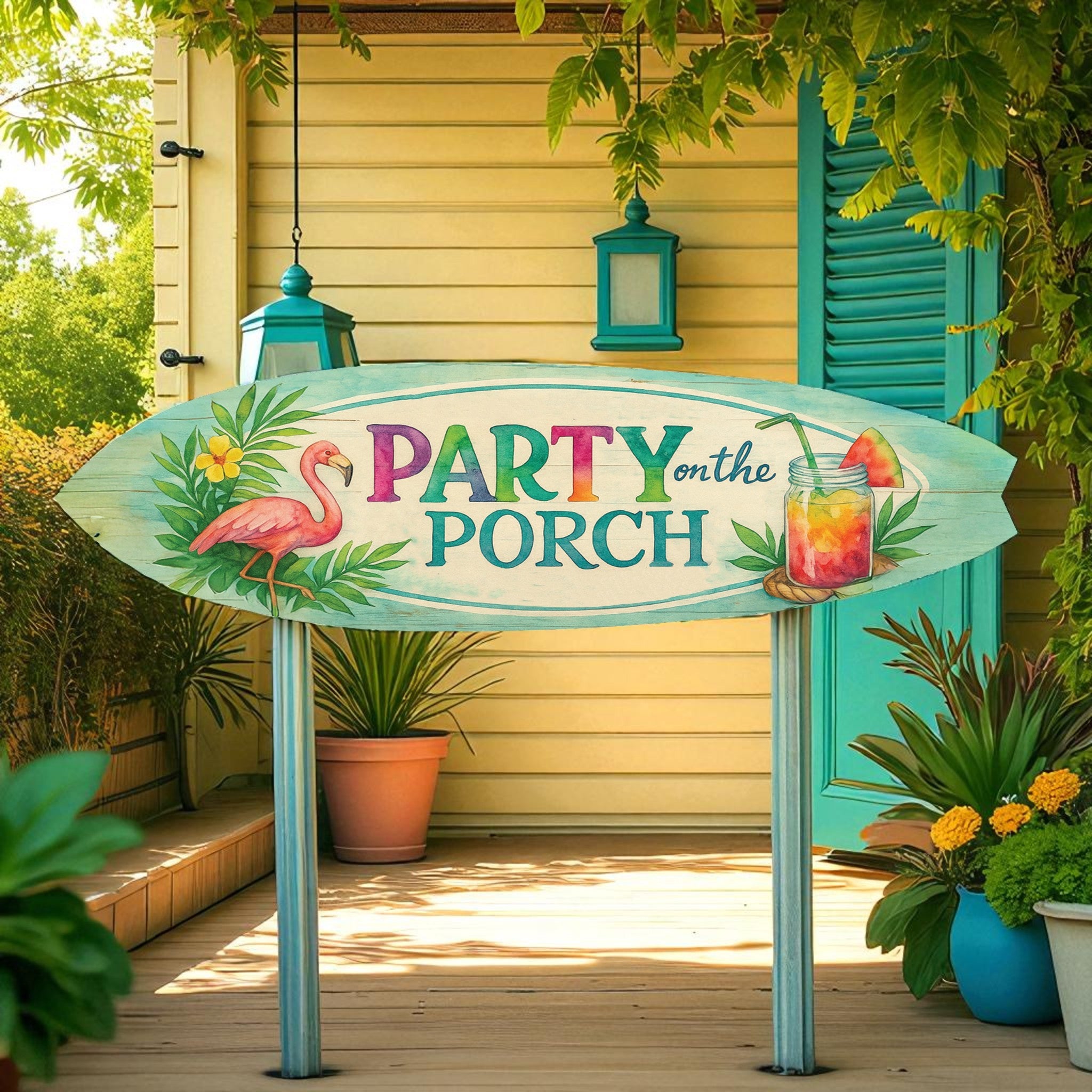 Party on the Porch Surfboard Wall Art – Indoor Outdoor PVC Porch Decor, Tropical Patio Sign, Flamingo Summer Decor, 2 - 5 Feet