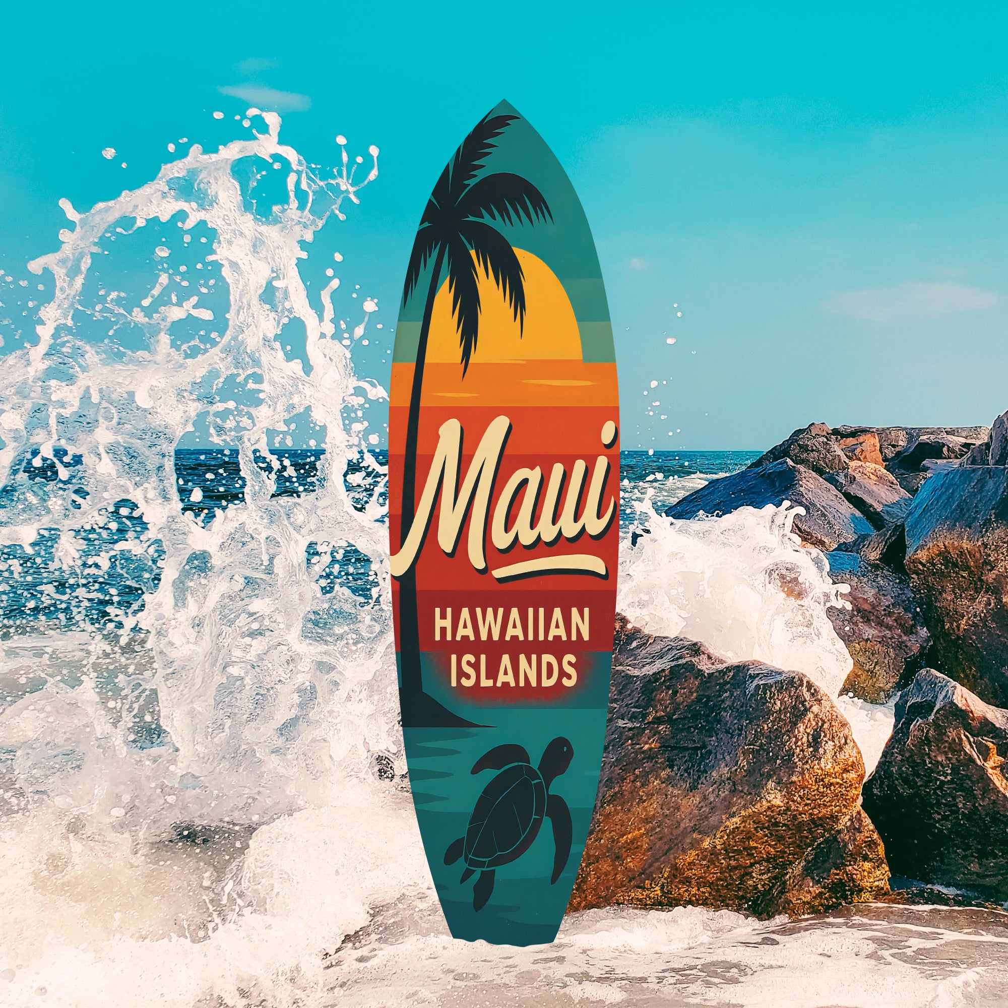 Outdoor Surfboard Wall Art - Maui Hawaiian Islands Sign, Palm Tree Sea Turtle, Coastal Beach House Decor Weatherproof PVC, 3 - 5 Feet
