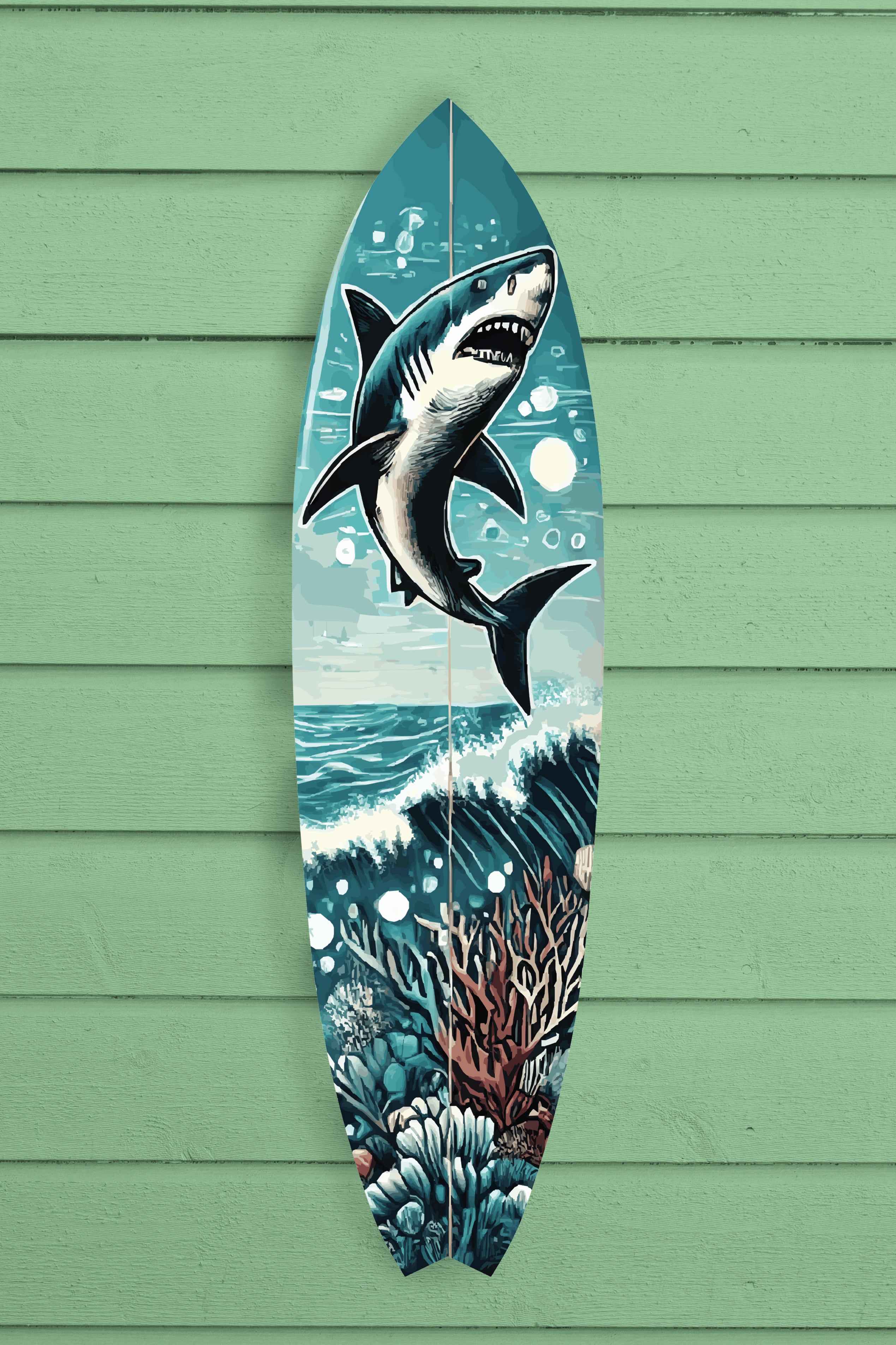 Outdoor Shark Surfboard Wall Art, Ocean Themed Shark Decor, Weather Resistant PVC Indoor Outdoor Decorative Beach House Decor, 3 - 5 Feet
