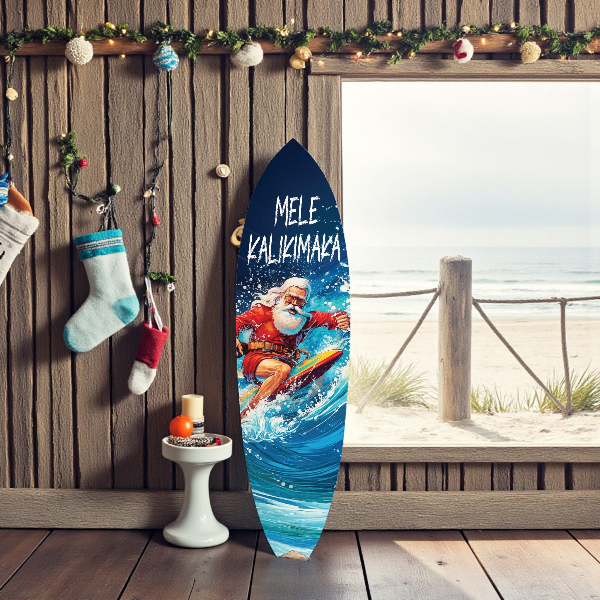 Christmas Surfboard Wall Art - Mele Kalikimaka Surfboard Sign, PVC Coastal Holiday Decor for Beach Homes