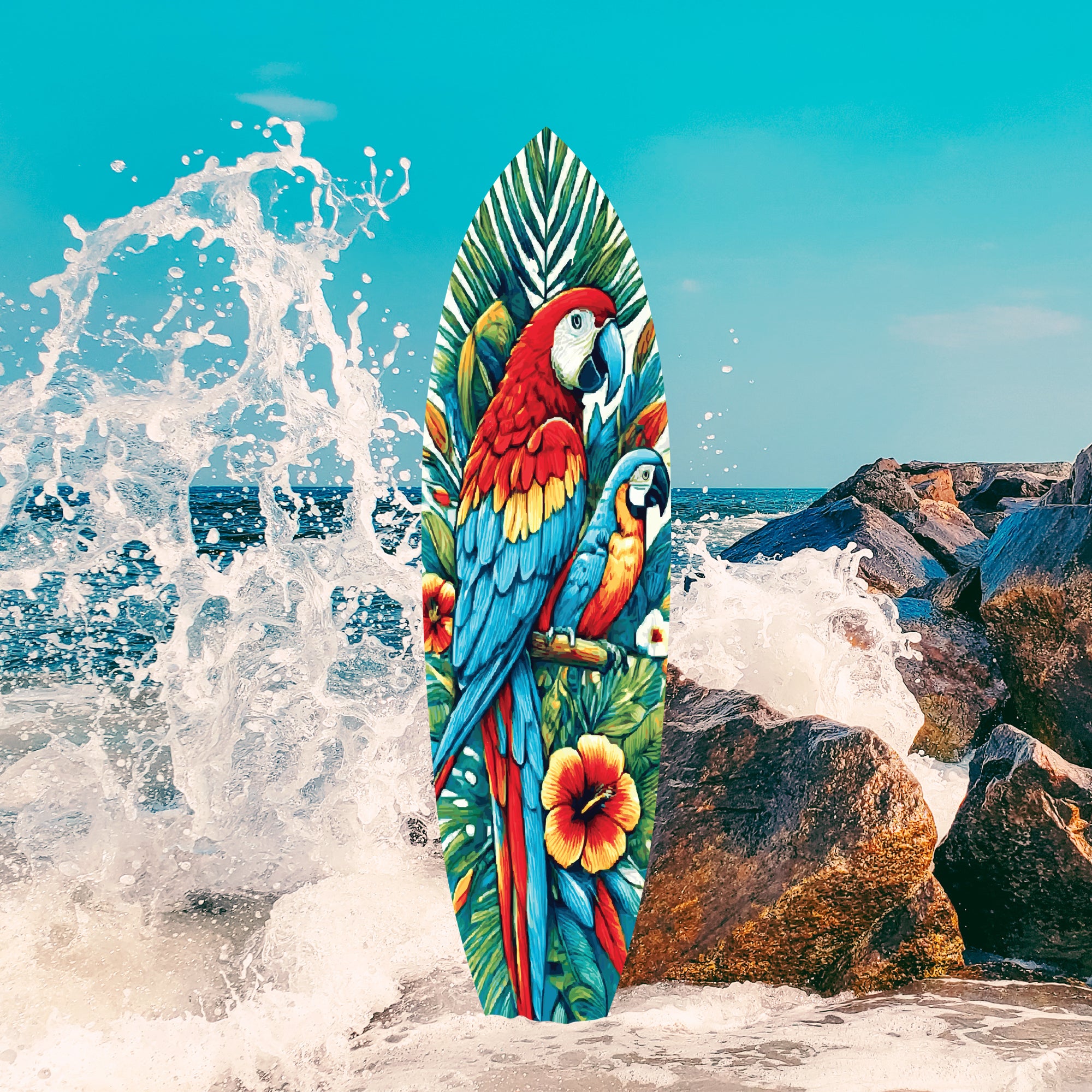 Outdoor Parrot Surfboard Wall Art Tropical Theme, Decorative for Indoor Outdoor, Surfboard Sign, Parrot Decor, Weatherproof PVC, 3 - 5 Feet