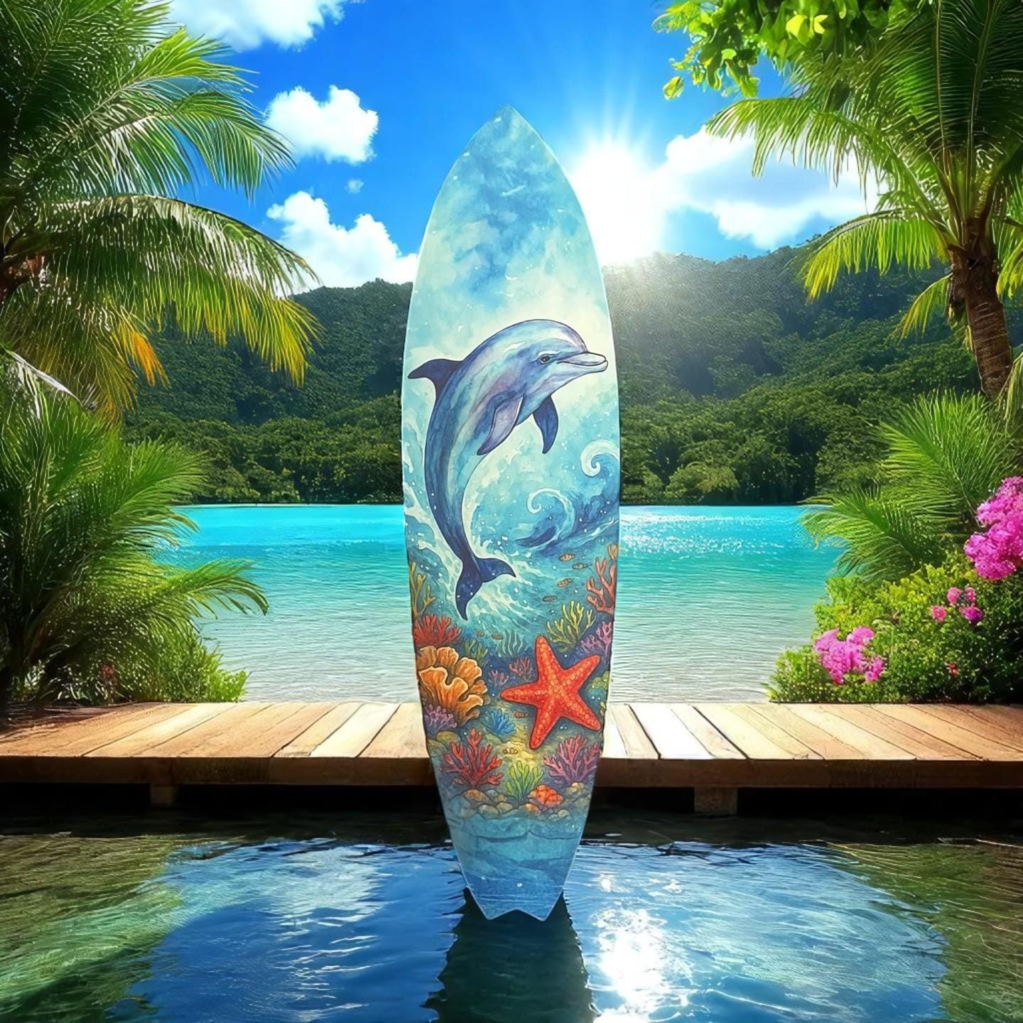 Dolphin Surfboard Wall Art – Coastal PVC Beach House Decor, Ocean Animal Wall Sign, Tropical Scene, 3 - 5 Feet