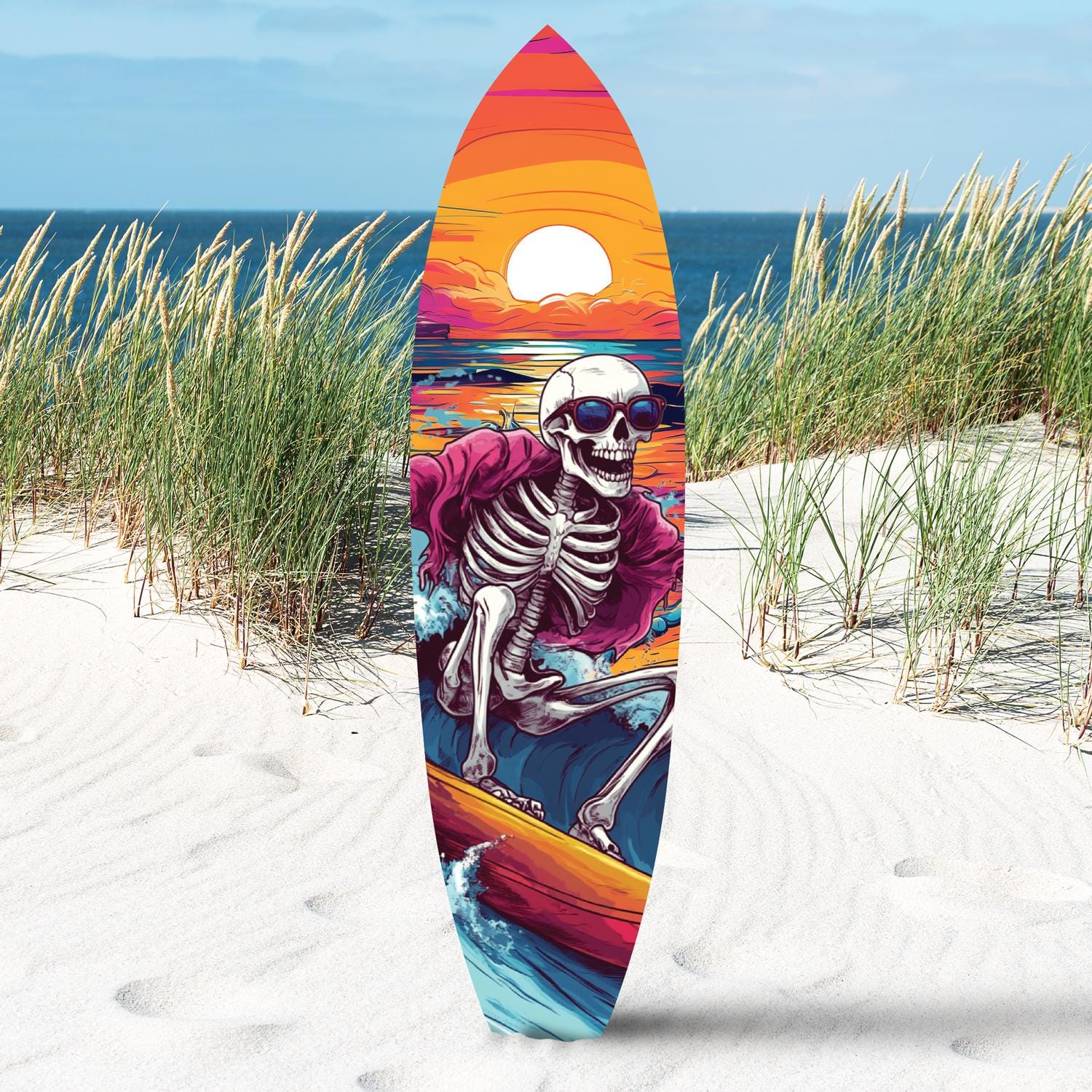 Halloween Surfboard Skeleton Wall Art – Spooky Surfing Sunset PVC Sign – Coastal Halloween Decor for Porch, Patio, or Beach House, 2 - 5 FT