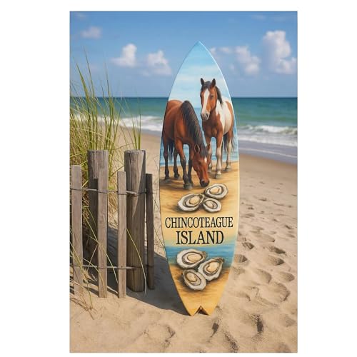 Outdoor Chincoteague Island Virginia Surfboard Decorative Wall Art with Horses and Oysters, Surfboard Sign Weather Resistant PVC, 3 - 5 Feet