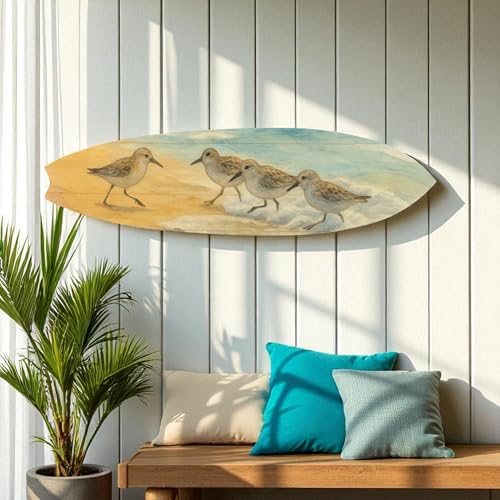 Shorebird Surfboard Wall Art – Beach House Decor with Sandpipers – Coastal Watercolor Surfboard Sign, Weather Resistant PVC Indoor Outdoor, 3 - 5 Feet