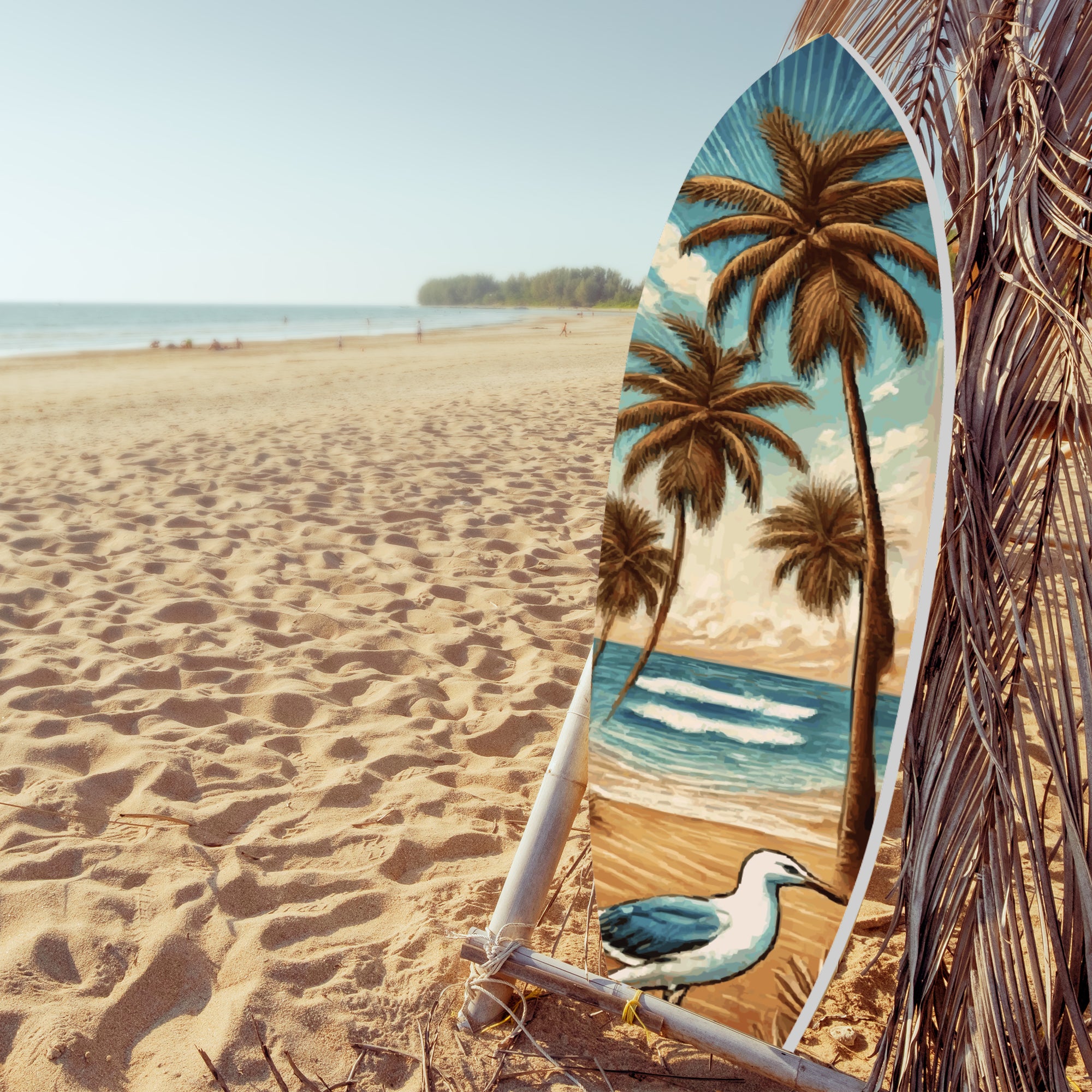 Outdoor Tropical Surfboard Wall Art, Palm Trees and Bird, Surfboard Sign, Beach House Curb Appeal, Weather Resistant PVC, 3 - 5 Feet