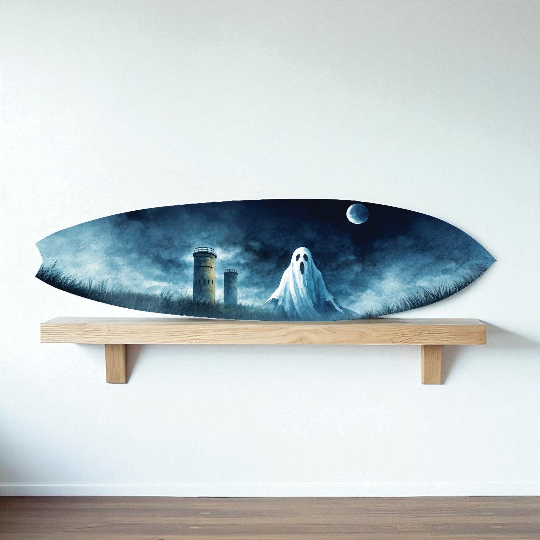 Haunted Cape Henlopen Tower Ghost Surfboard | Delaware WWII Towers Art | Spooky Coastal Wall Decor | Rehoboth, Lewes Beach Gift