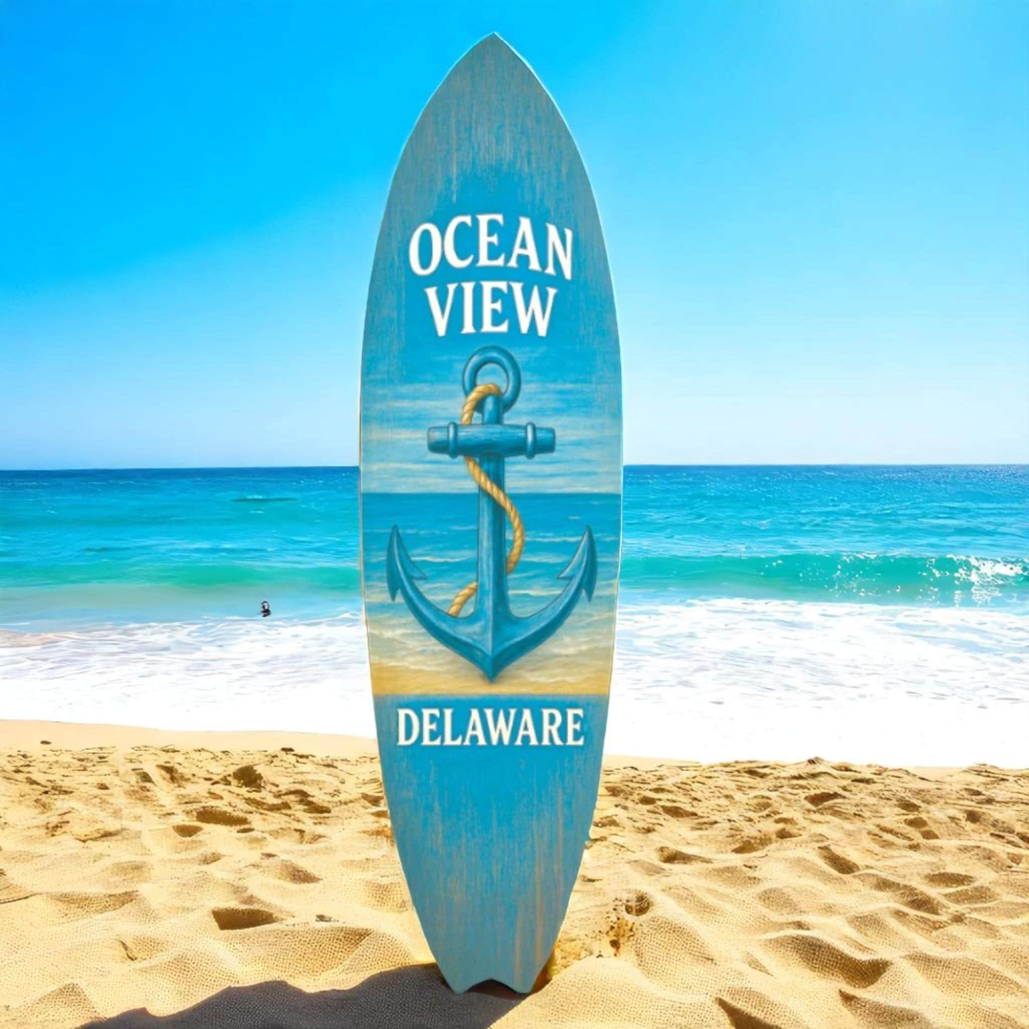 Ocean View Delaware Surfboard Wall Art – Coastal Anchor Beach Decor, Nautical Sign for Porch, Patio, or Beach House, Weatherproof PVC